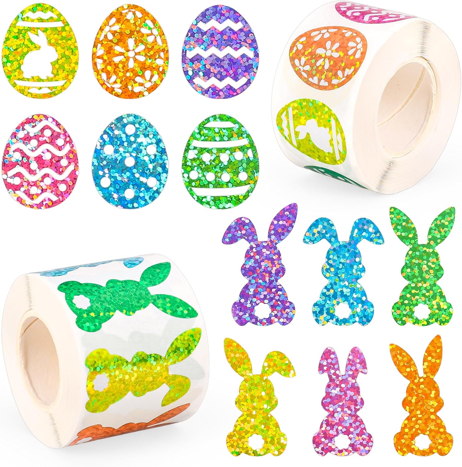 AnyDesign 1000 Pcs Easter Egg Bunny Stickers Holographic Sparkly Seal Decals Self-Adhesive Colorful Funny Egg Rabbit Labels for Spring Holiday Envelope Journal DIY Crafts, 2 Rolls