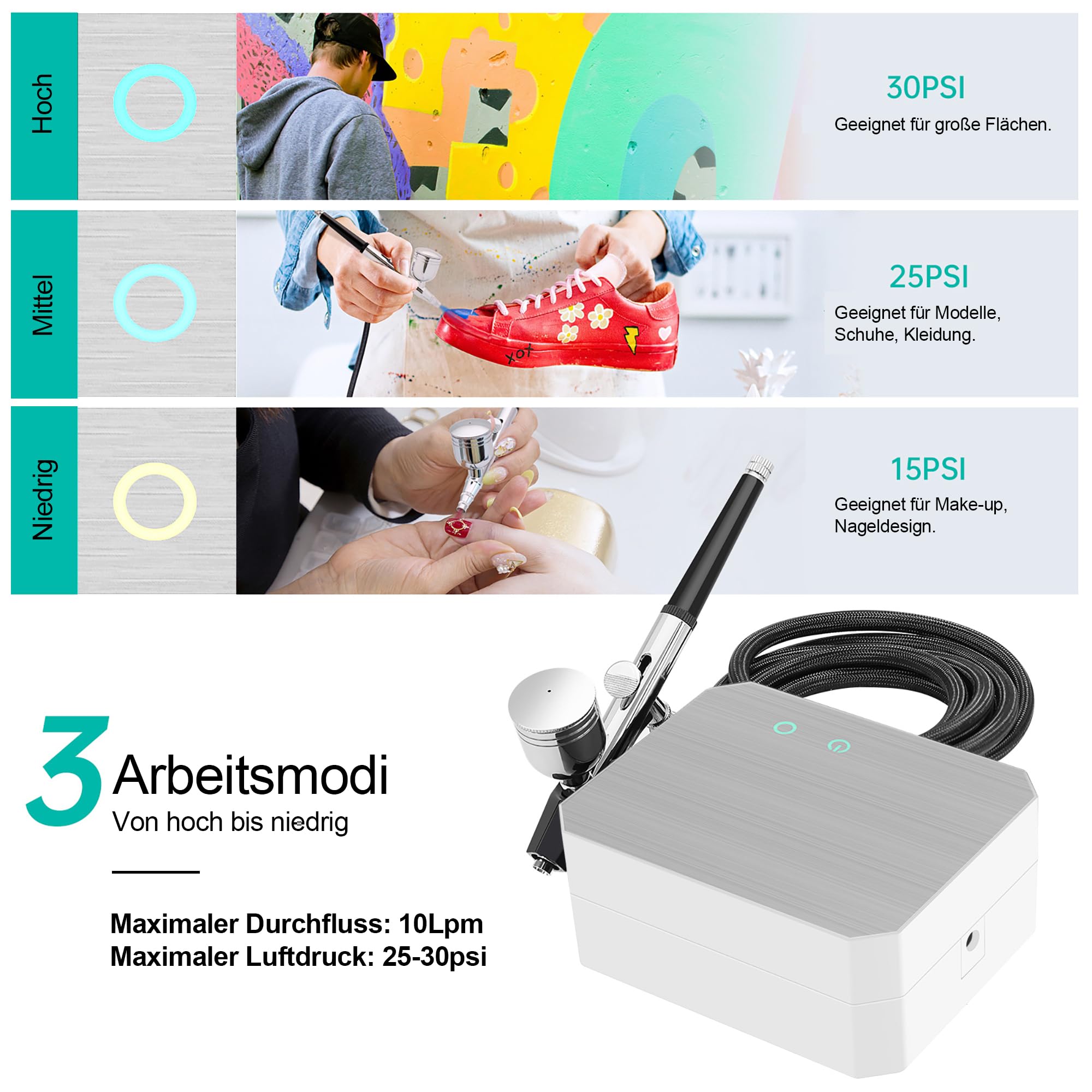 40PSI Airbrush Set Kompressor Dual Action 3 Modi 0,3/0,3/0,5mm Düse 9CC Tasse Airbrush Pistole für Makeup, Kunsthandwerk, Nageldesign, Tattoo-Modellierung, Malerei,Silber