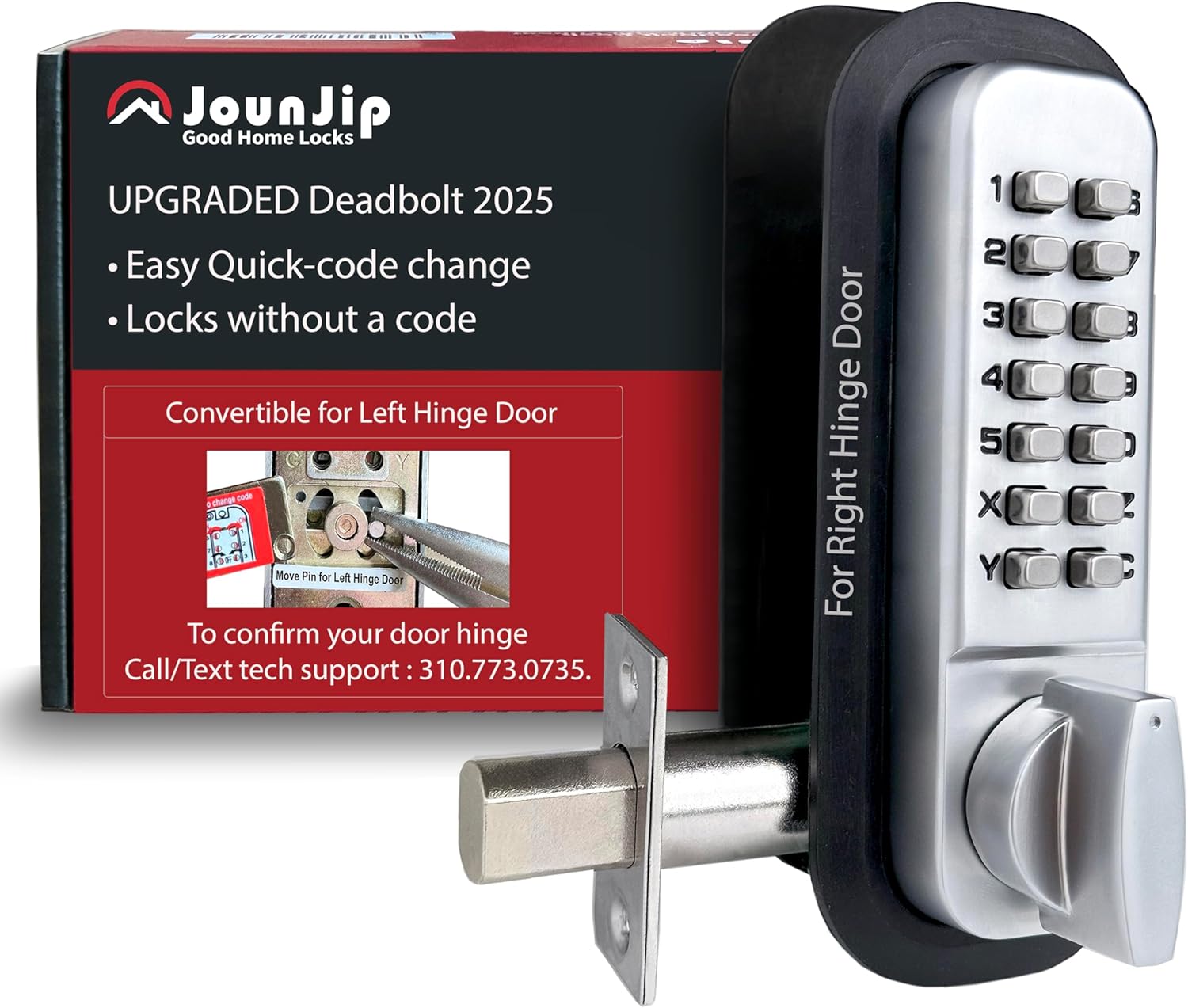 JOUNJIP Mechanical Deadbolt Lock - Keyless Entry Door Lock - Code NOT Required When Locking – 100% Mechanical with Flat Spindle, Thumb Turn Door Knob - Satin Chrome [Upgraded 2025]