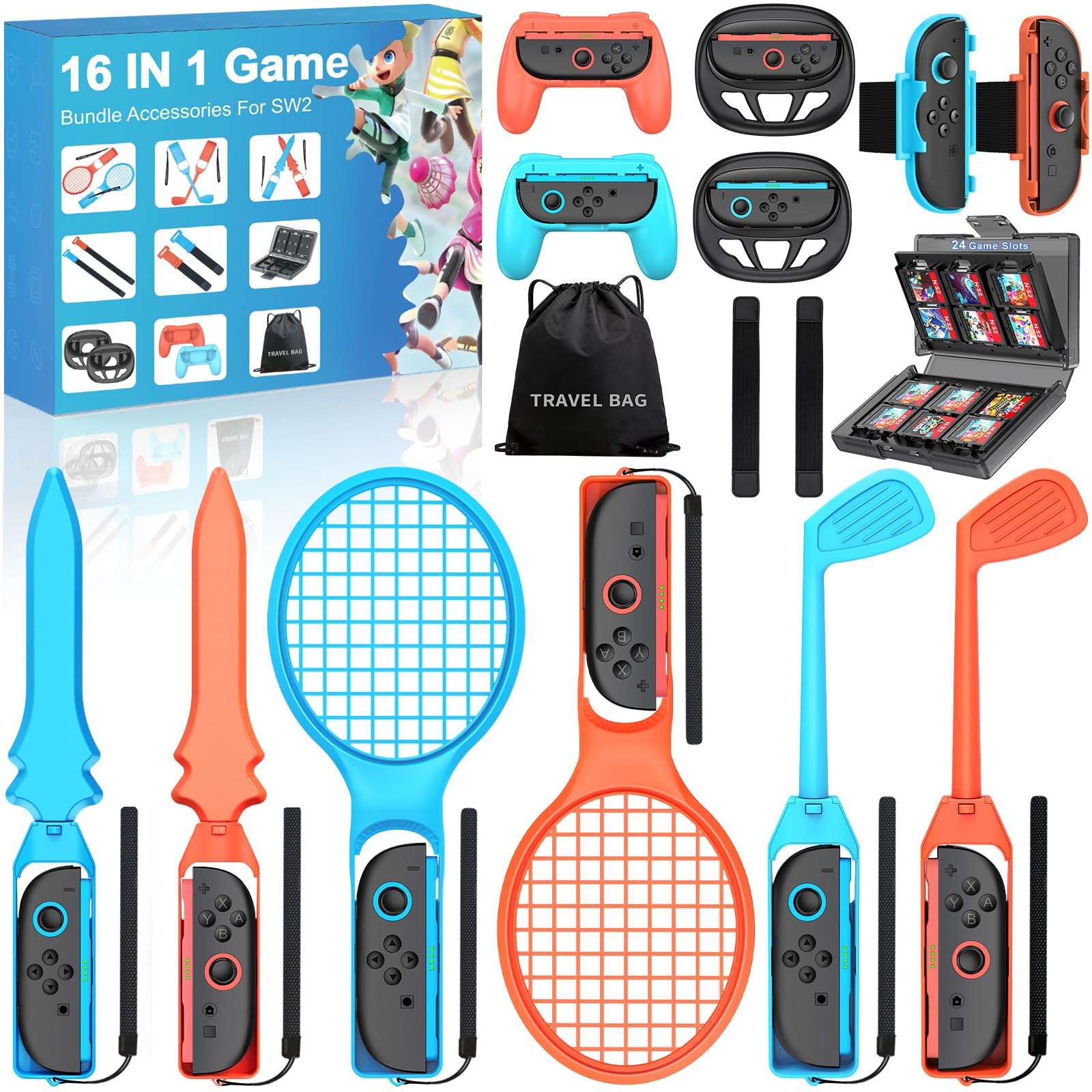 HELLCOOL 16-in-1 Switch 2 Sports Accessories for Switch 2025 Joy Con with Card Storage Case,Storage Bag,Steering Wheels for Mario Kart 8 Deluxe