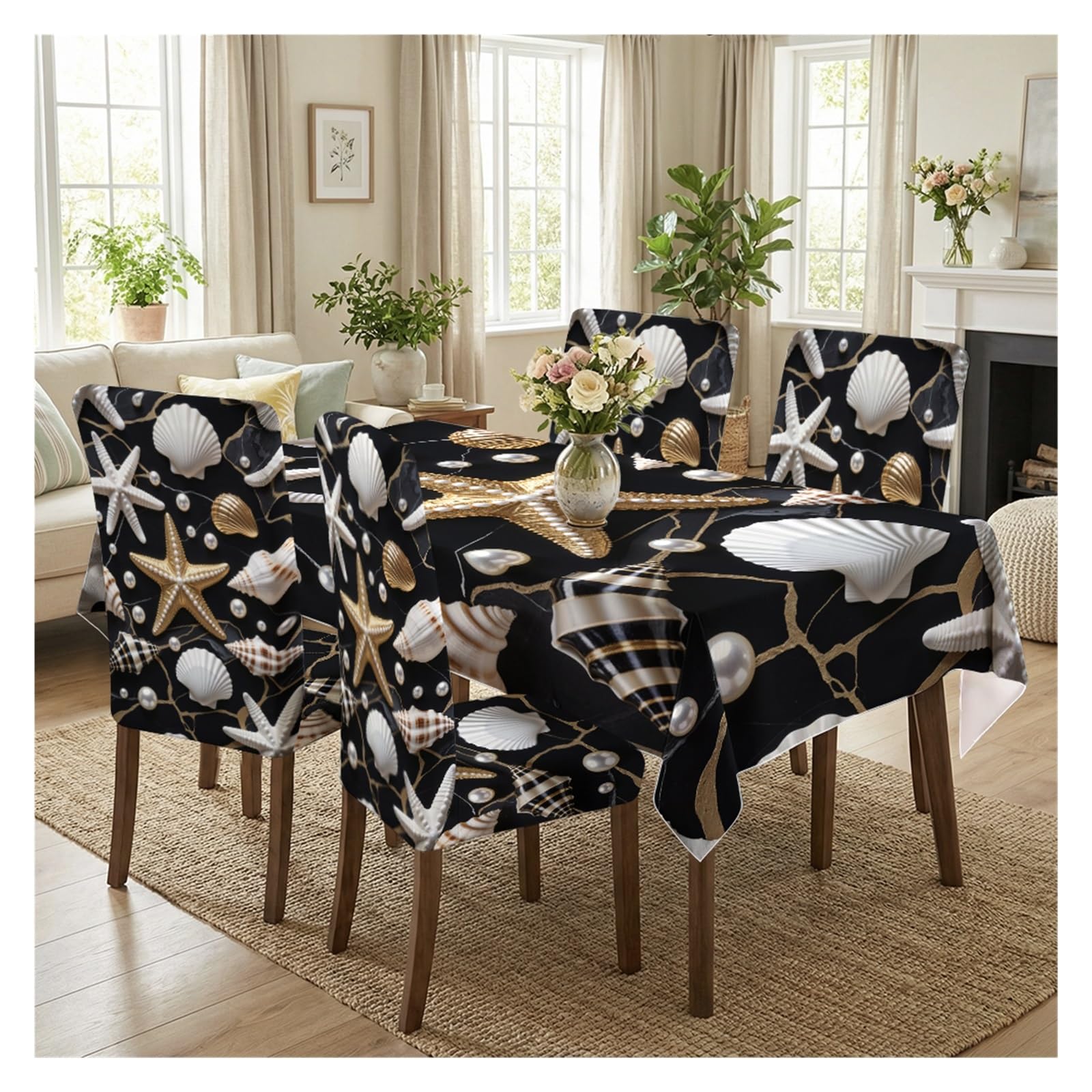 BOSUYBN Black Marble Starfish Seashell Dining Tablecloth & Chair Covers Set, 5/7 Piece Luxury Nautical Coastal Home Decor Table Setting(5pcs Set: Tablecloth+Chair Covers)
