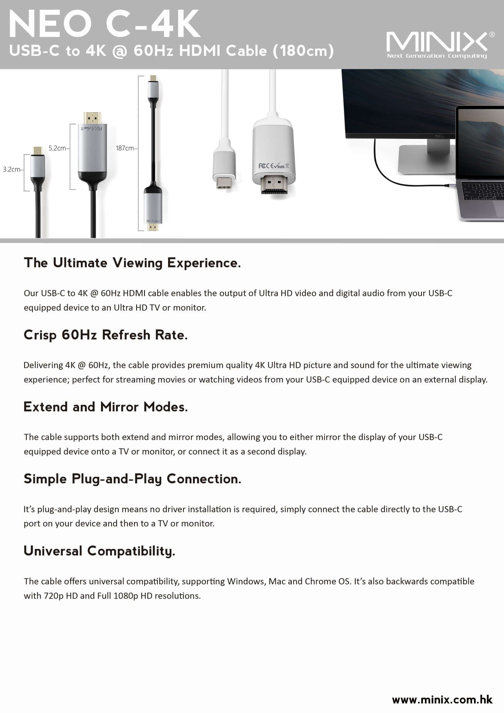 MINIX NEO C-4K High Performance USB-C na 4K HDMI kabel - 180 cm do Windows/MacOS/ChromeOS, Space Grey