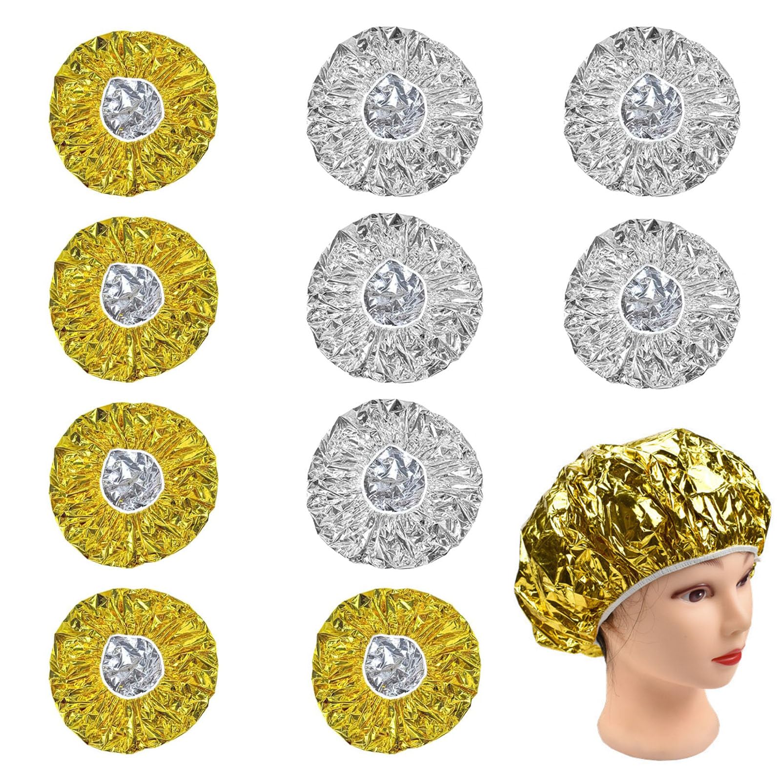 10Pcs Foil Cap Hair Deep Conditioning Salon Spa Cap Heat Shower Cap Elastic Hair Coloring Cap Aluminum Foil Cap for Adults (Gold Silver)