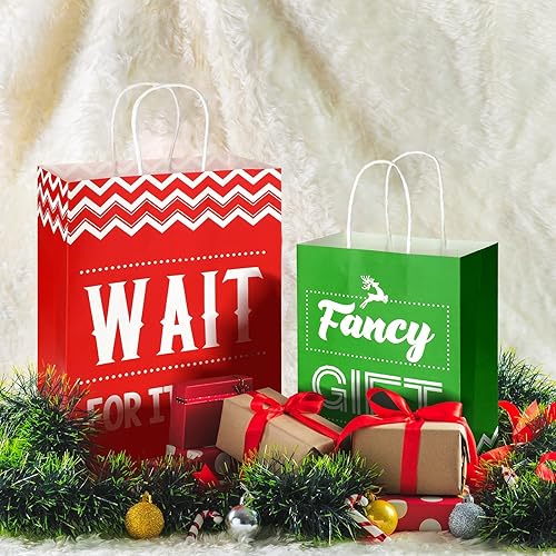 Miniatura 4 de Zonon 16 bolsas divertidas de Navidad, copos de nieve verdes y rojos, renos, bolsas de papel reutilizables, bolsas de regalo medianas y grandes para