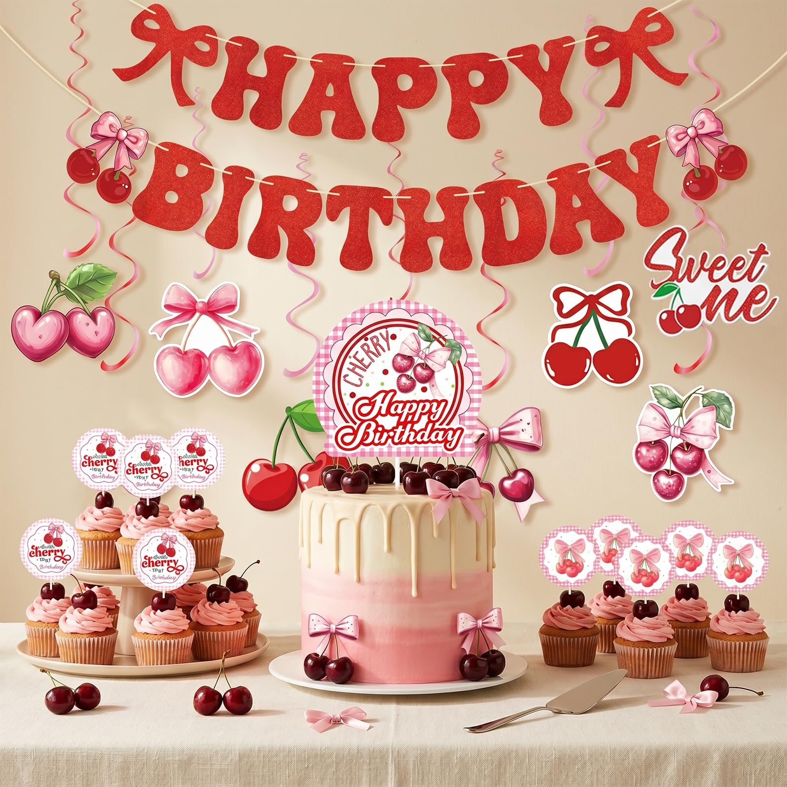 Cherry Birthday Decorations Set - Complete Party Pack with Banner, Hanging Swirls & Cake Toppers - Elegant Adult Party Supplies for Home Decor (Red & Pink)