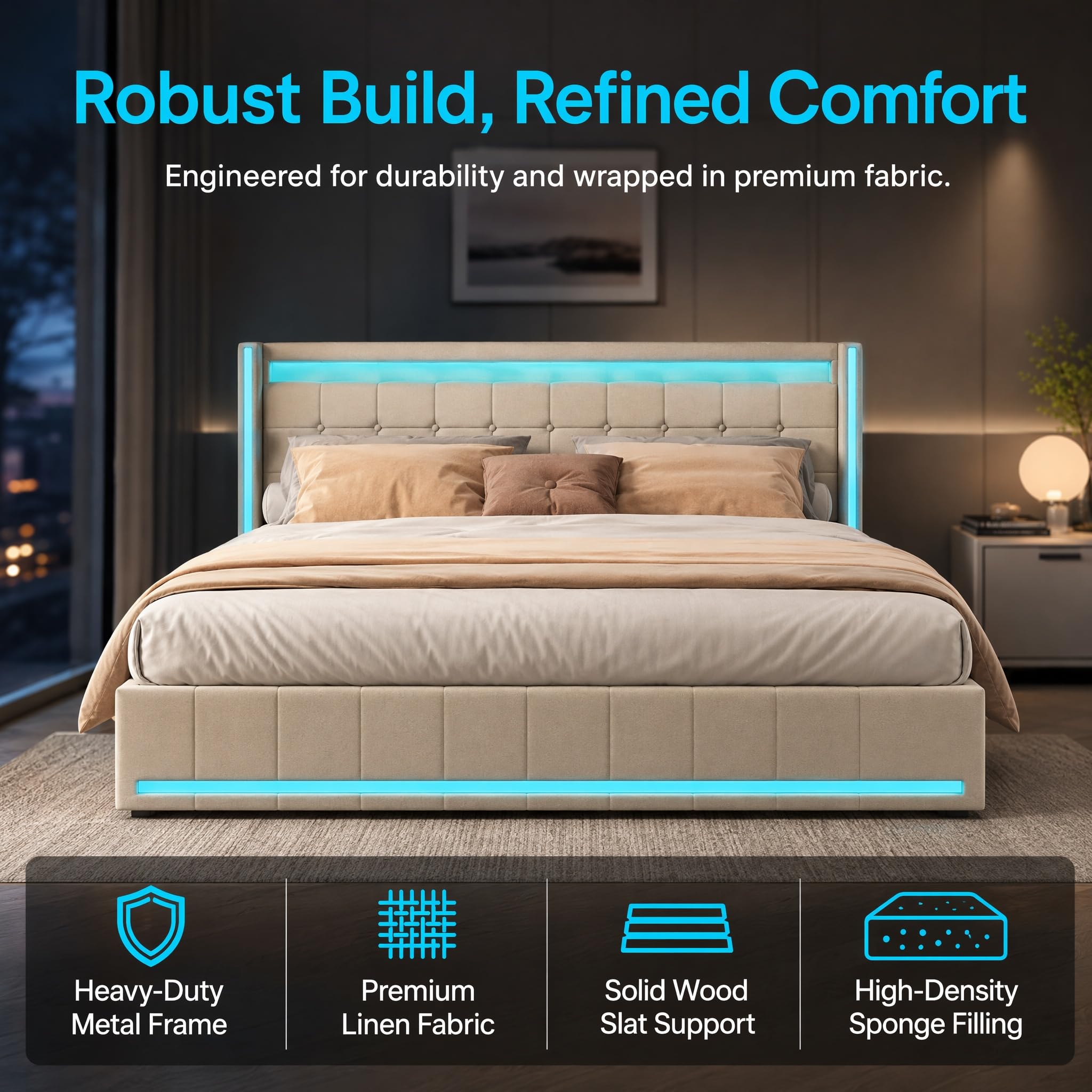 DADEA Letto Cassettone 140x190 con 4 Cassetti, Letto Matrimoniale con LED e USB, Letti Matrimoniali Imbottiti con Testiera PortaoggettiLetto Imbottito Matrimoniale con Contenitore, Nessun Materasso