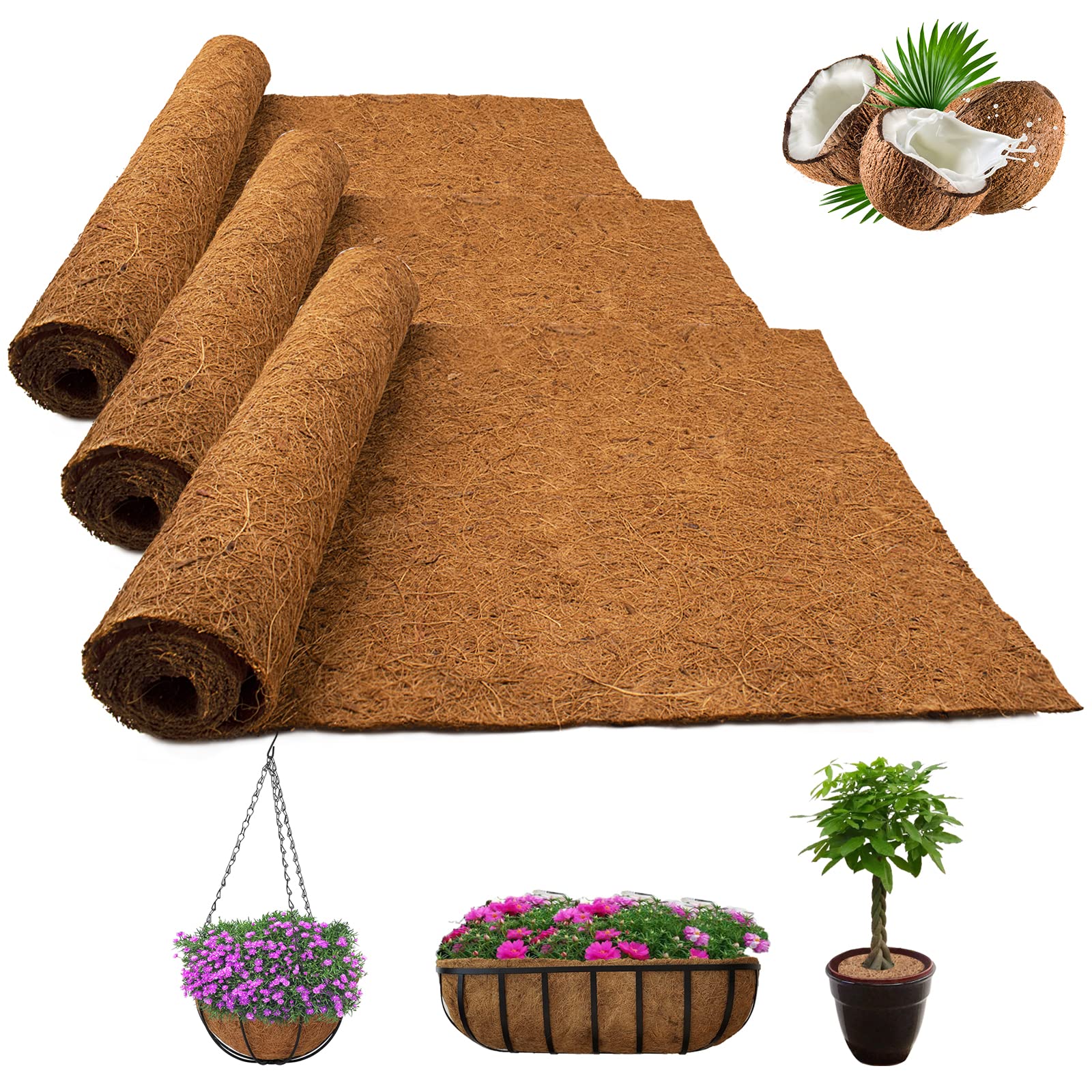 Natural Coco Liner Roll, 3 Rolls 1m*0.4m/40" x 16" Coconut Planter Liners, Coco Hanging Basket Liner Coconut Growing Mat Coconut Fibre Matting Liner Roll for Patio Containers Wall Troughs