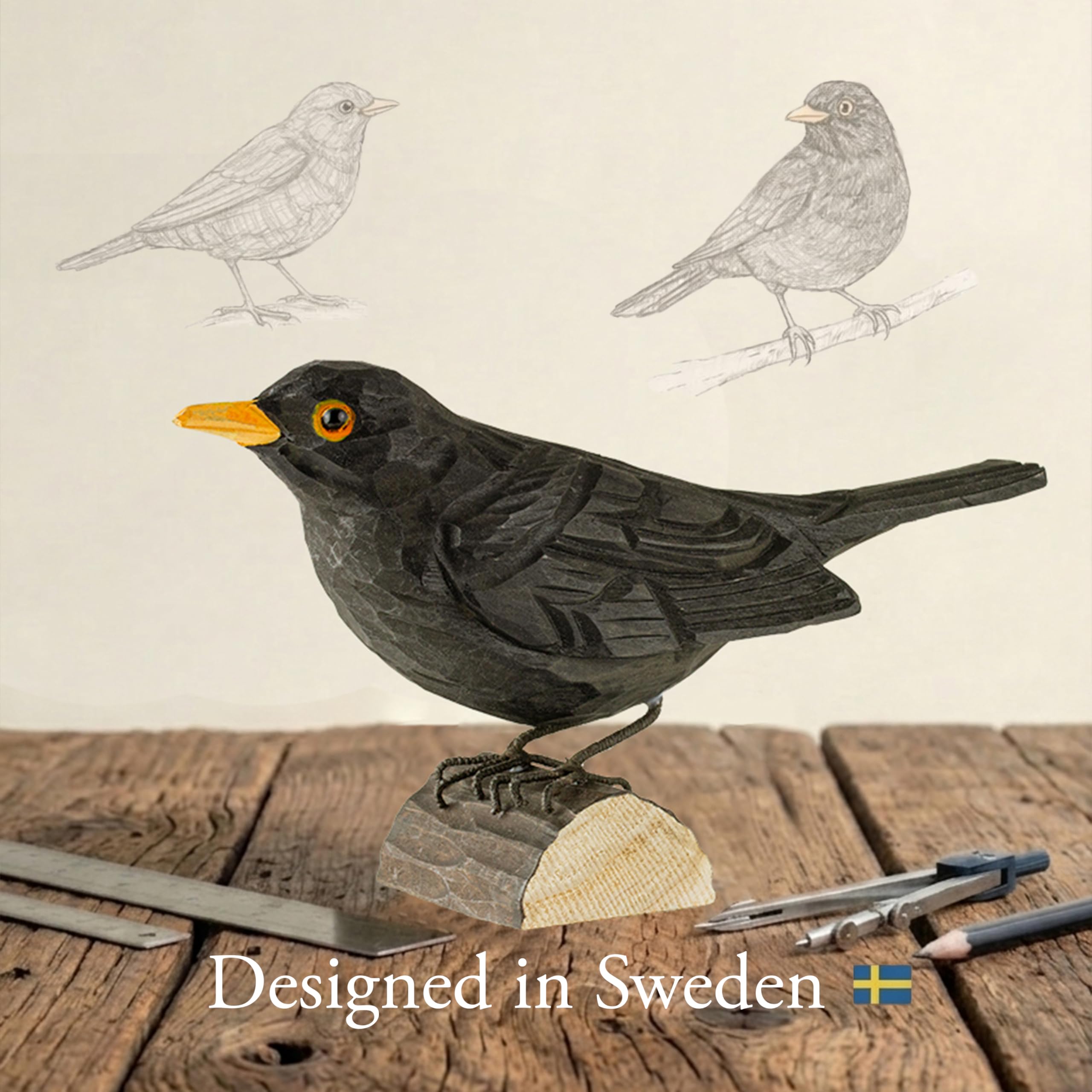 WILDLIFEGARDEN WG411 DecoBird kos - ręcznie rzeźbiony dekoracyjny ptak z drewna - średnie ptaki europejskie