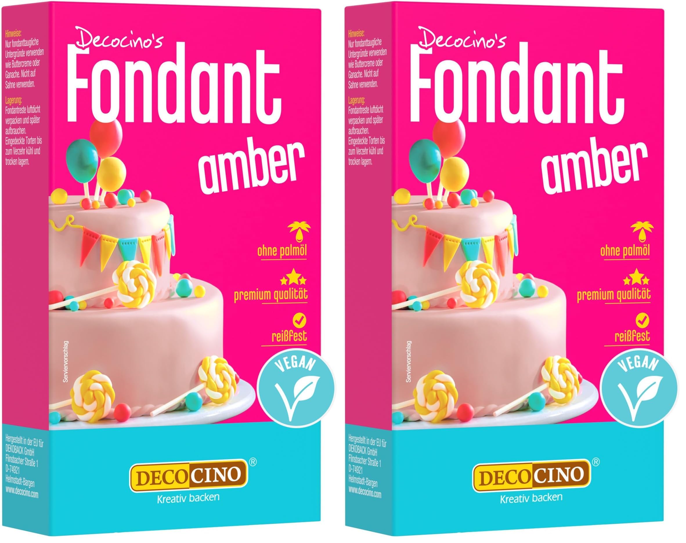 DECOCINO Fondant Amber – 250 g – ideal zum Verzieren von Kuchen, Torten, Cupcakes – Palmölfrei & vegan (Packung mit 2)