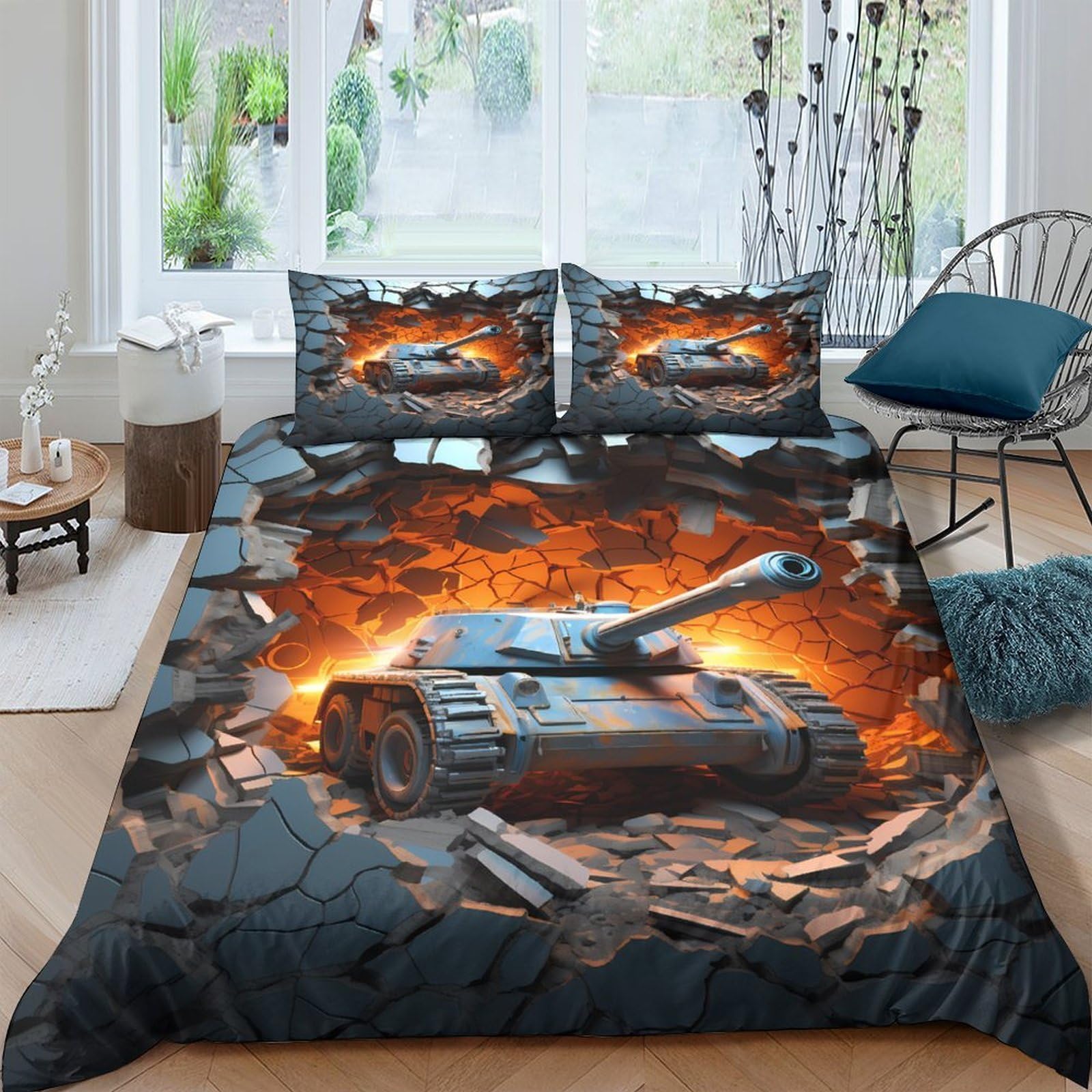 Ctjqhvkz Style-4 3D Printed Tank Explosion Fitted Sheet Microfiber Black Orange Fire Bed Cover For Bedroom Dorm Mattress Protection Decor Single（135X200cm）