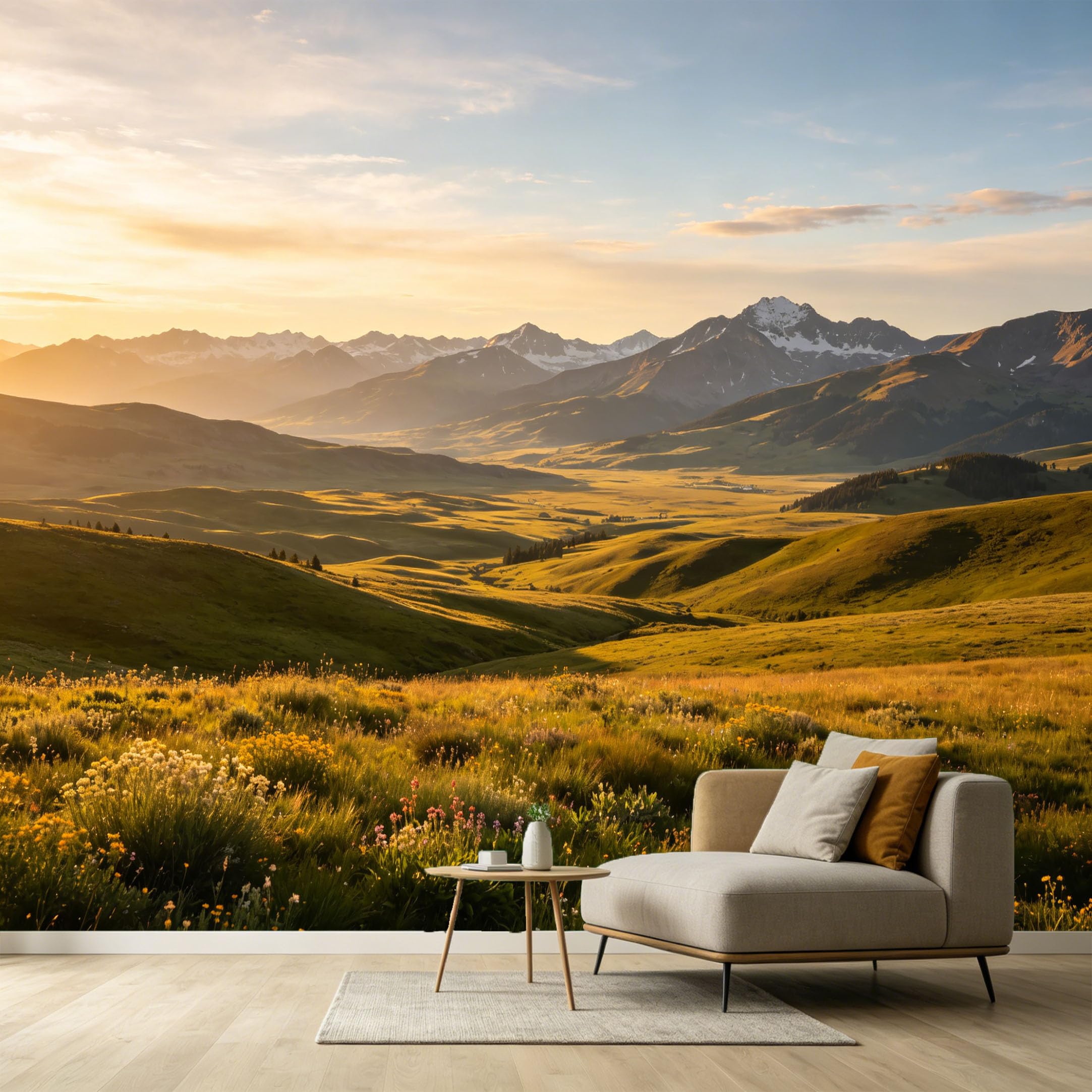 Custom Size Wall Murals Mountain Landscape Sunset Meadow Peaks Nature View SelfAdhesive Wall Fabric Removable Large Wallpaper for Photo Living Room Interior Decor