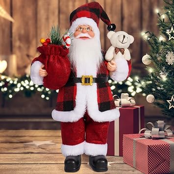 Christmas Santa Claus Figurine for Decor, 12-Inch Small Santa with Teddy Bear, and Home Window Christmas Decorations, Buffalo Plaid Red
