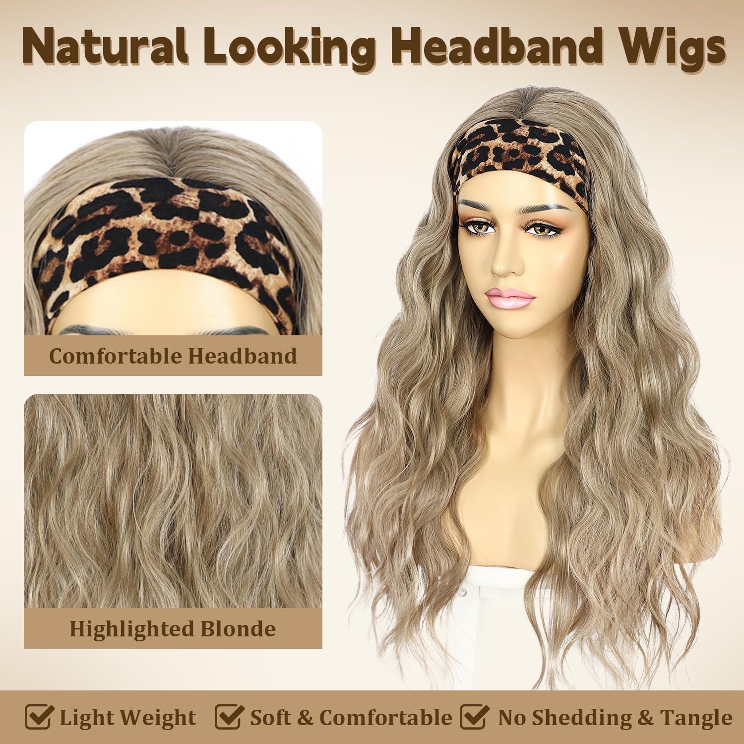 Black Headband Wig Dark Brown Long Wavy Synthetic Heat Safe Wig Glueless Daily - View #4