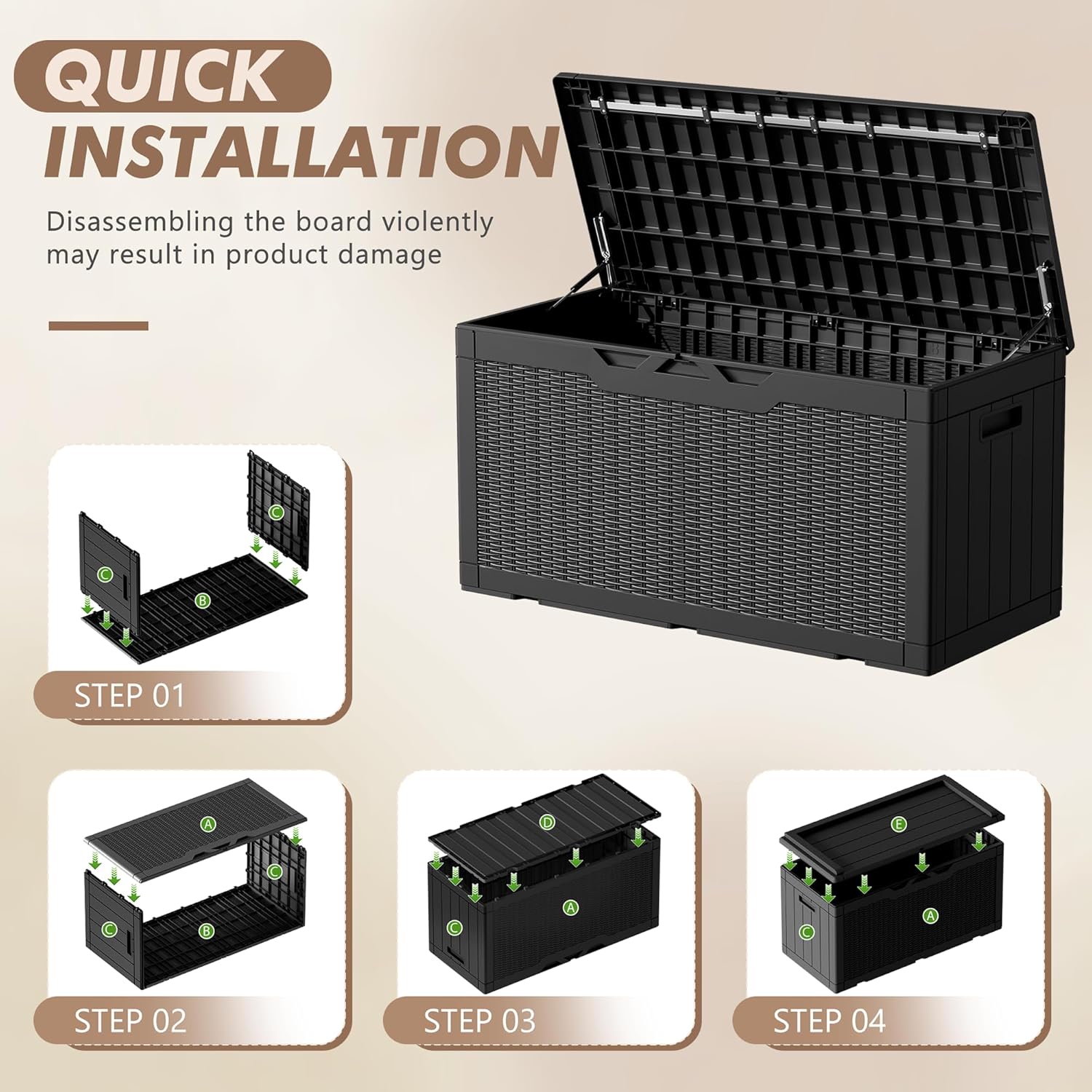 Diagram showing four steps for quick installation of the deck box panels
