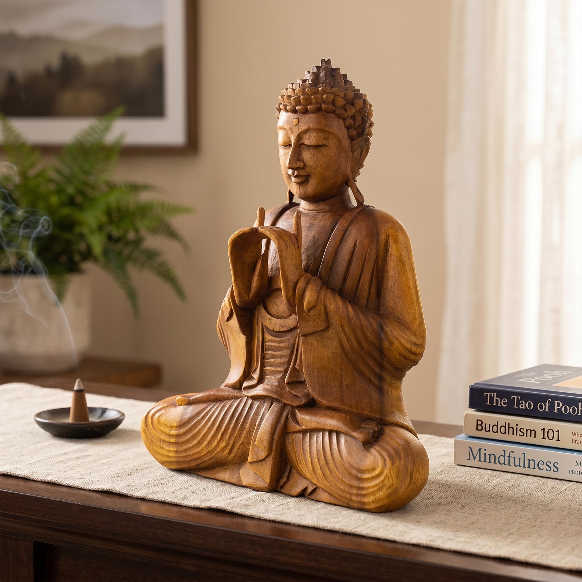 G6 COLLECTION Statue de Bouddha assis serein en bois faite à la main - Sculpture de méditation décorative pour la maison - Cadeau artisanal - Bouddha oriental sculpté à la main - 40,6 cm de haut