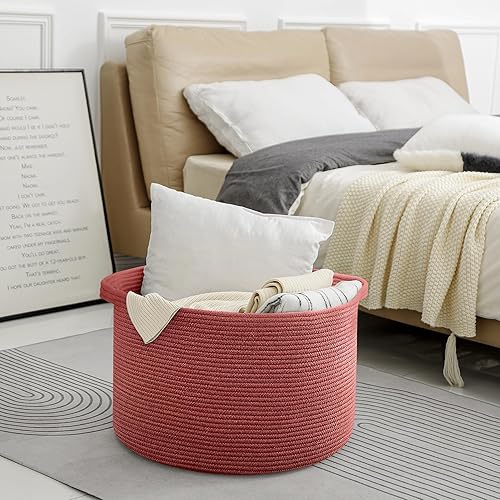 Miniatura 6 de Cesta de almacenamiento extragrande, cesta de manta de 22 x 14 pulgadas, canasta de cuerda de algodón tejida de color rojo ladrillo, cestas de