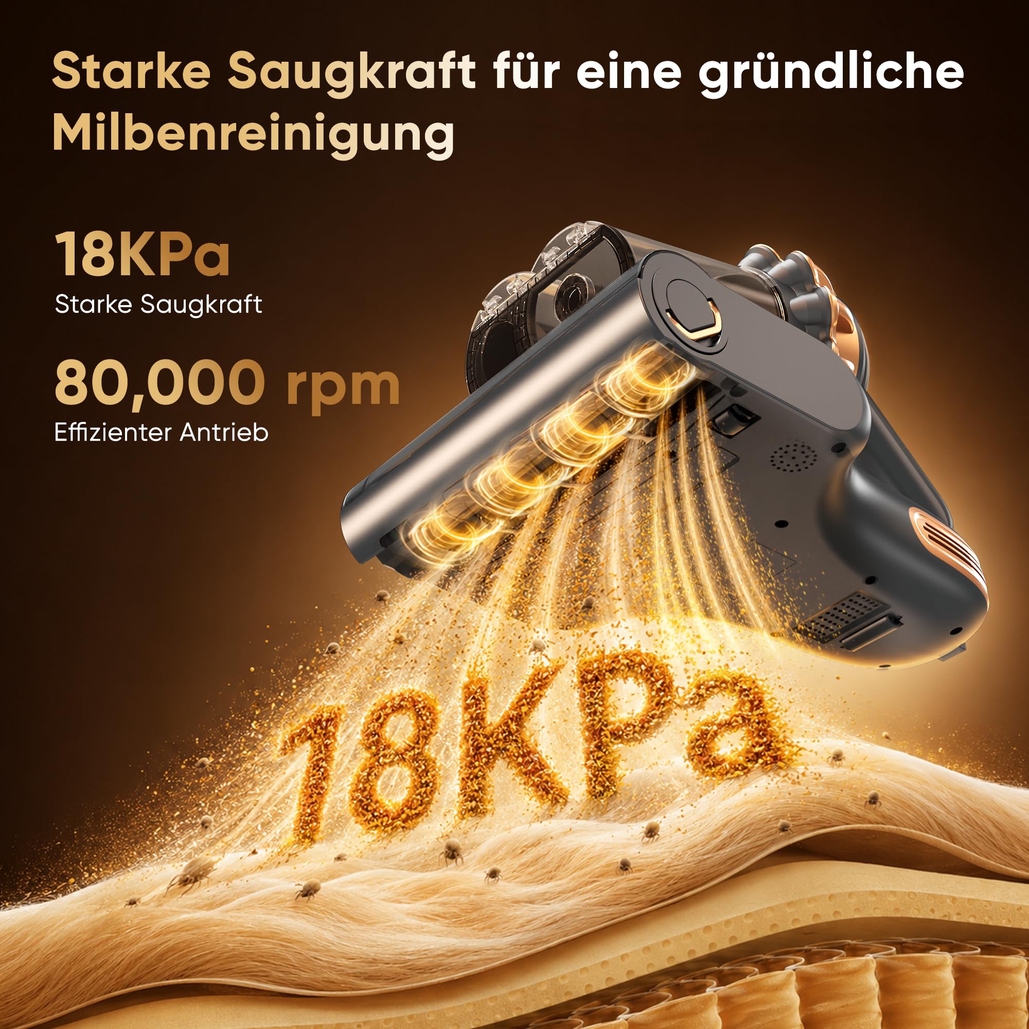 Milbensauger für Matratzen, 18 kPa Kabelloser Milbenstaubsauger