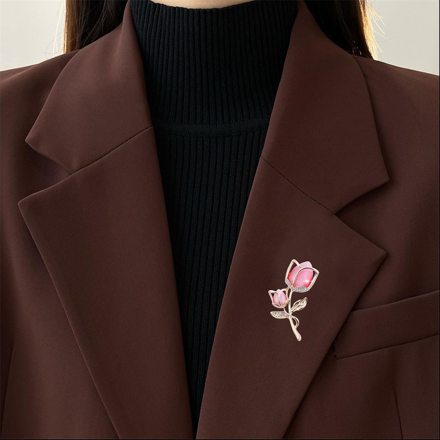 Hollow Pink Rose Brooch with Rhinestones Sparkly Crystal Floral Lapel Pin for Women Party Jewelry for Blouse, Jacket, Scarf, and Coat Accessories (Pink) image 4