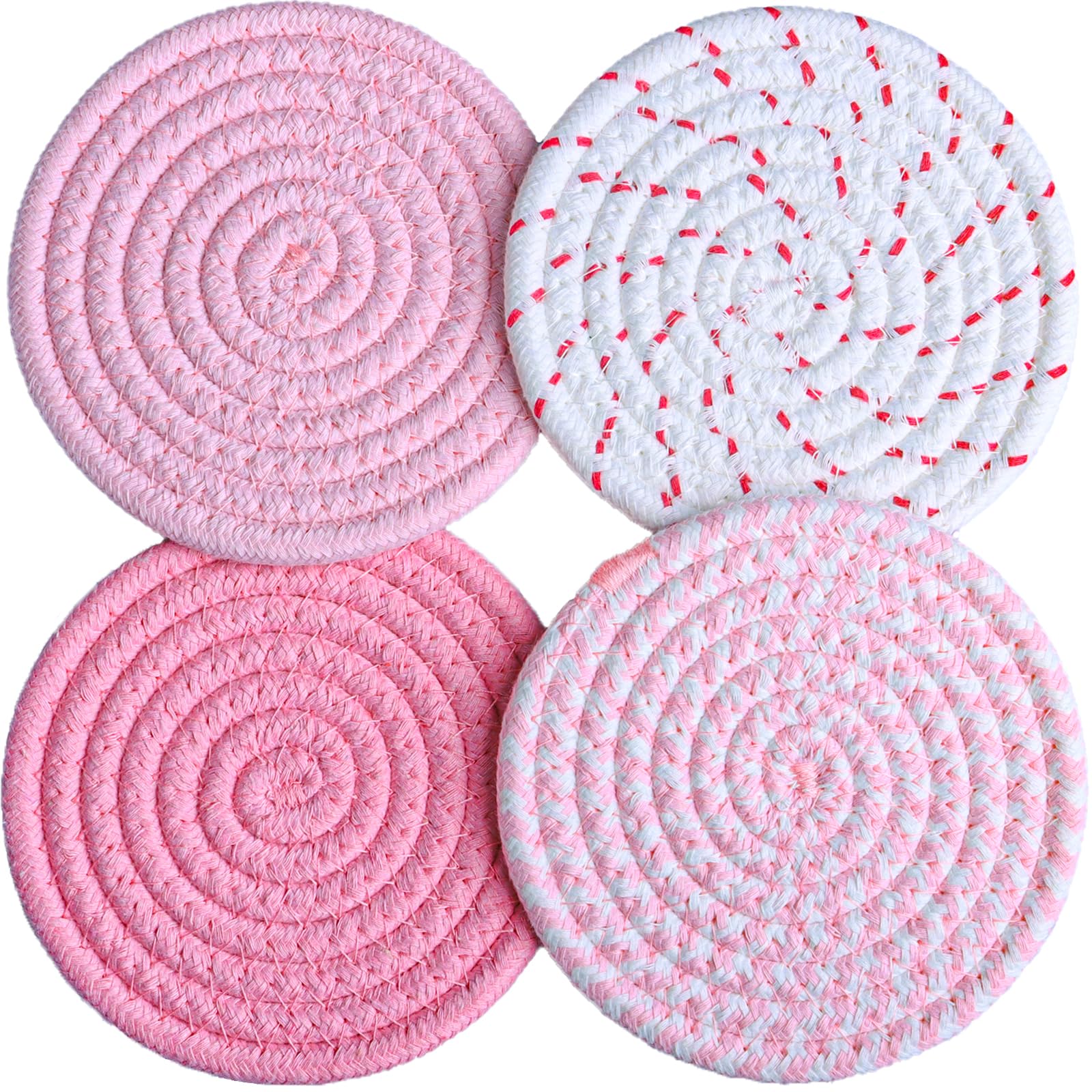 4.8 inch Drink Coasters Set of 4, Large Fabric Cotton Coasters,Cute Girly Absorbent Handmade Woven Coaster,Minimalist Boho Table and Desk Decor