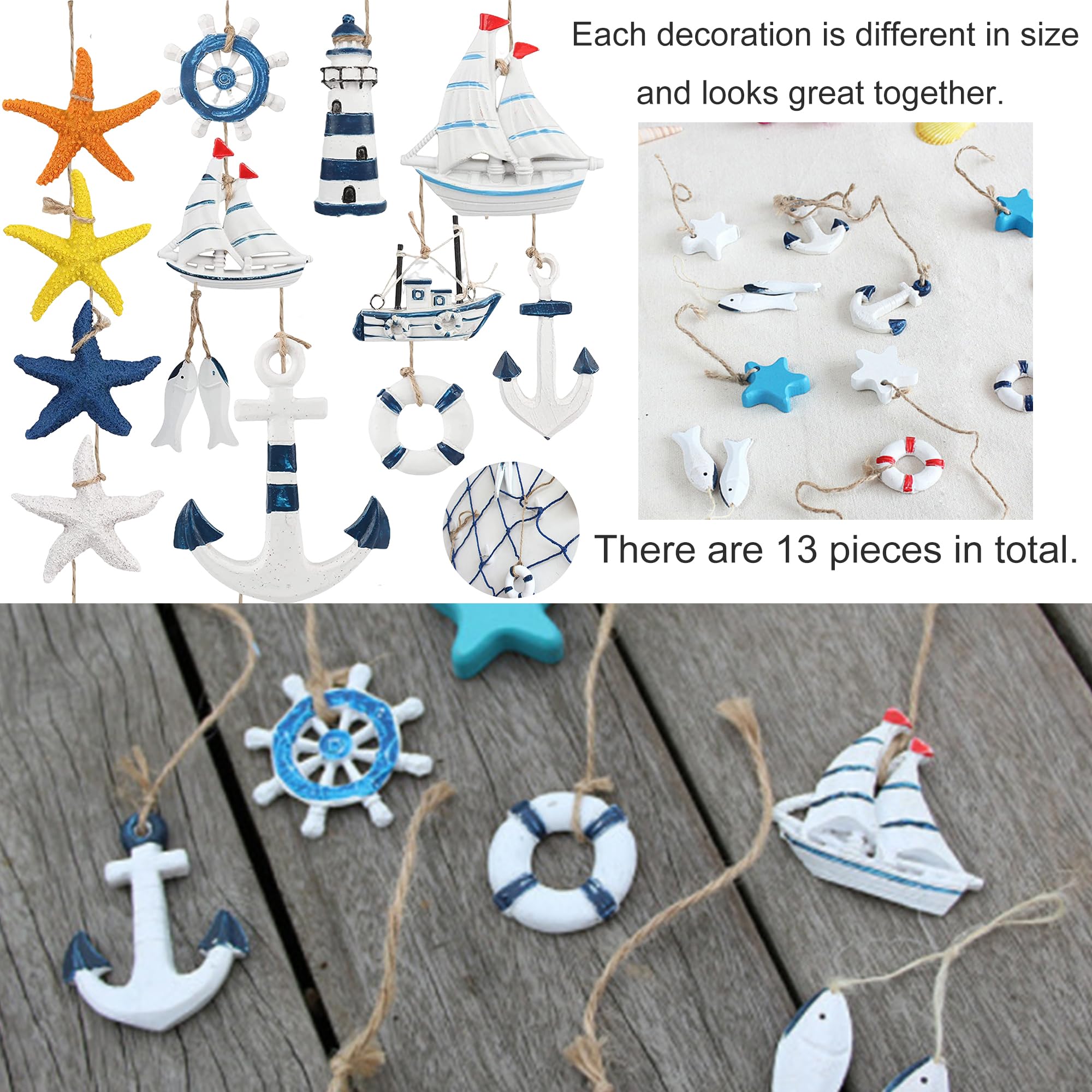 Maritime Deko-Set 10-teilig – Holz- & Harz-Anhänger Mit Seil Zum Aufhängen (Anker, Fisch, Rettungsring…)