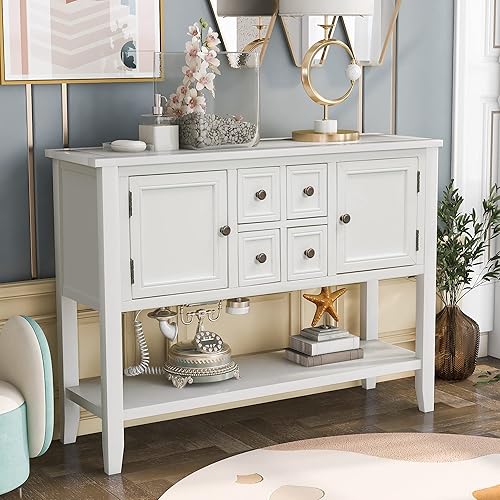 Miniatura 3 de Mesa consola con 2 armarios y 4 cajones, aparador de buffet de 46 pulgadas con estante inferior, mesa consola retro para cocina, pasillos, sala de