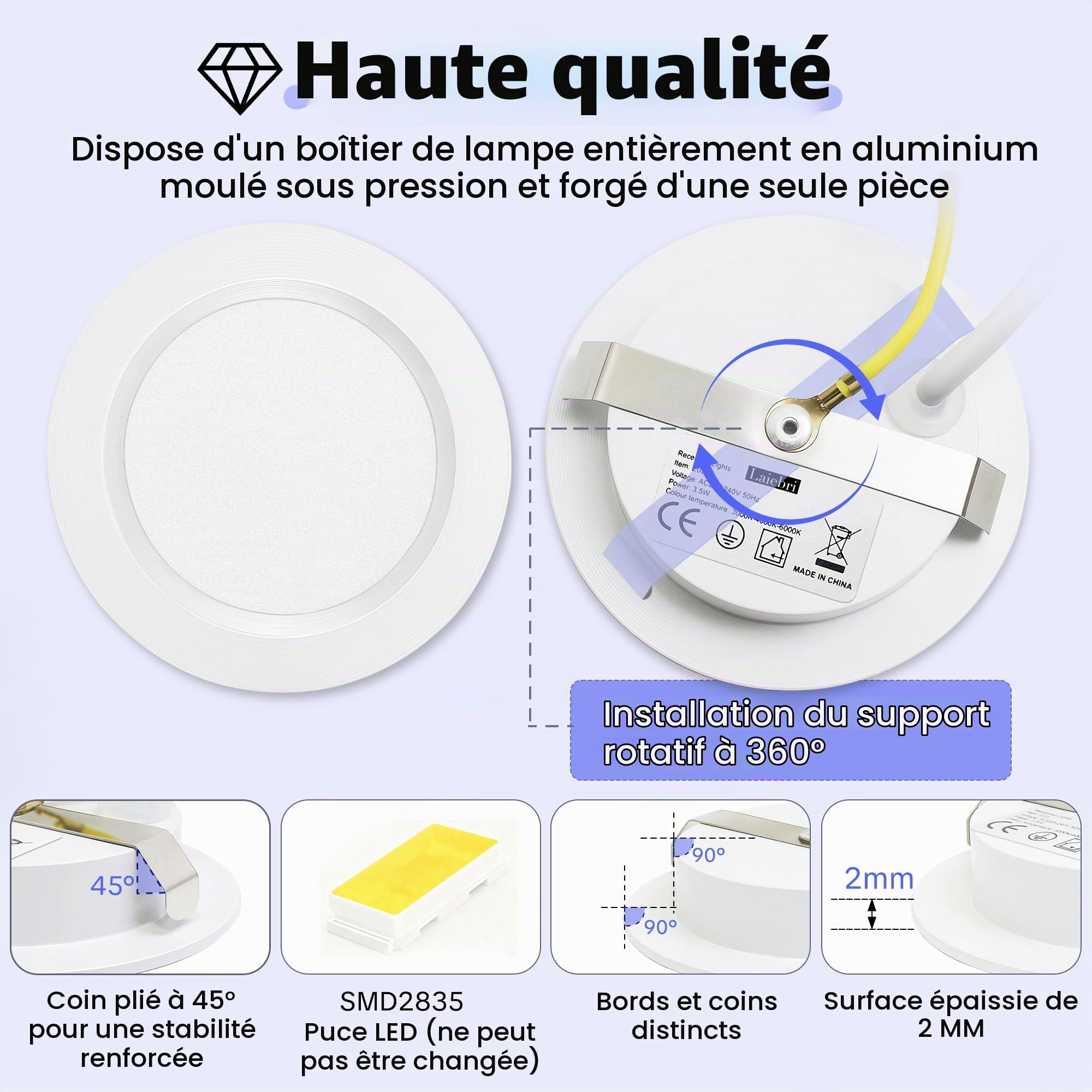 Set de 6 Spot LED Encastrable 230V, 3.5W Alu Spots de Plafond 3000K, 4000K, 6000K, 300LM LED Encastrable Plafond Trou 55-58mm et 12mm Extra Plat, IP44 Spot Salle de Bain, Blanc