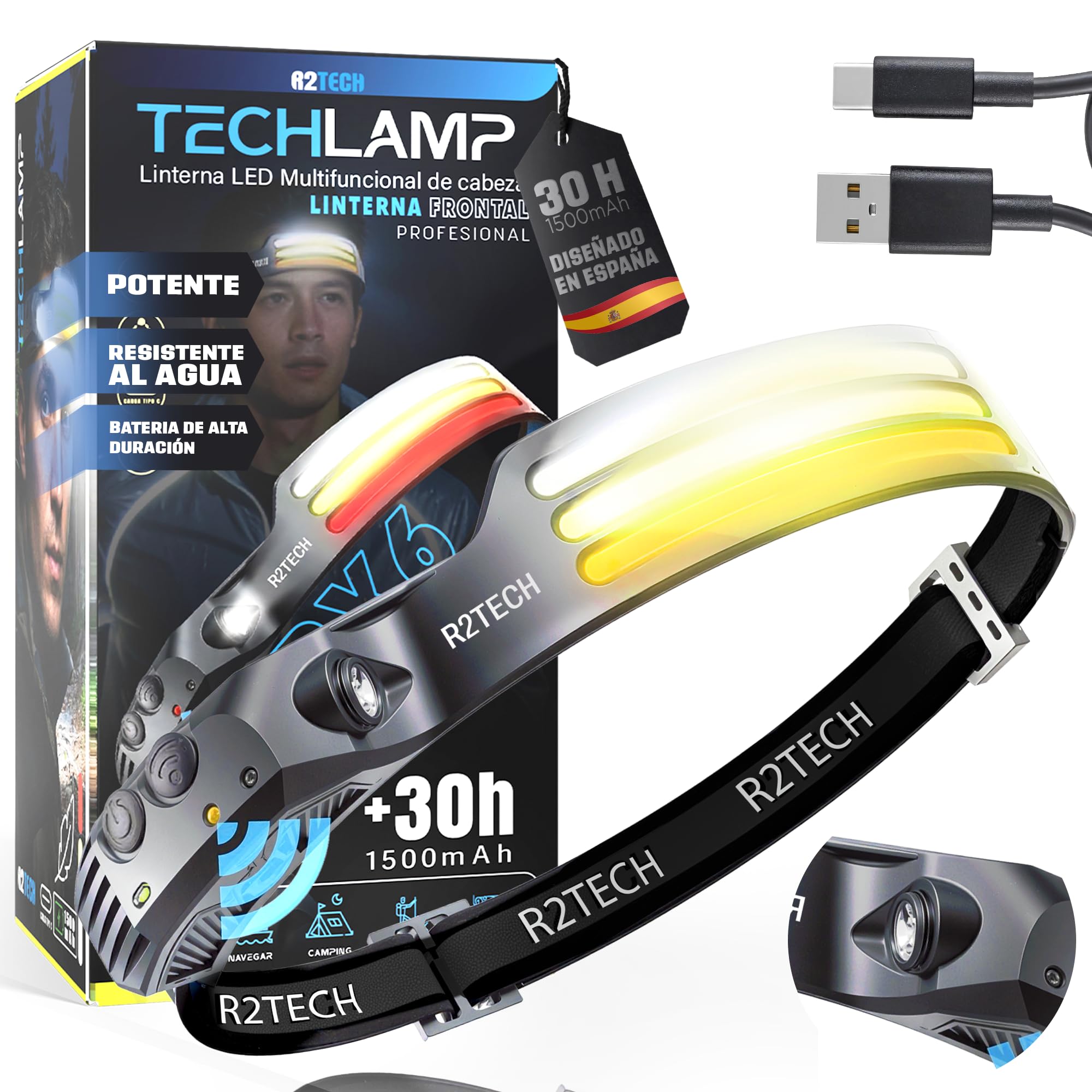 Linterna Frontal LED Recargable Alta Potencia con Luz Roja y Cálida para Running, Ciclismo, Pesca y Camping