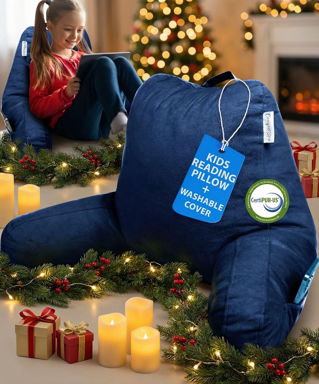 ComfortSpa Reading Pillow for Kids Teens Adult, Back Rest Pillow with Arms, Pockets, Washable Cover; Use as Back Pillow for Bed Sitting Up for Bedrest, Relief from GERD Heartburn (Standard Blue) Blue Standard