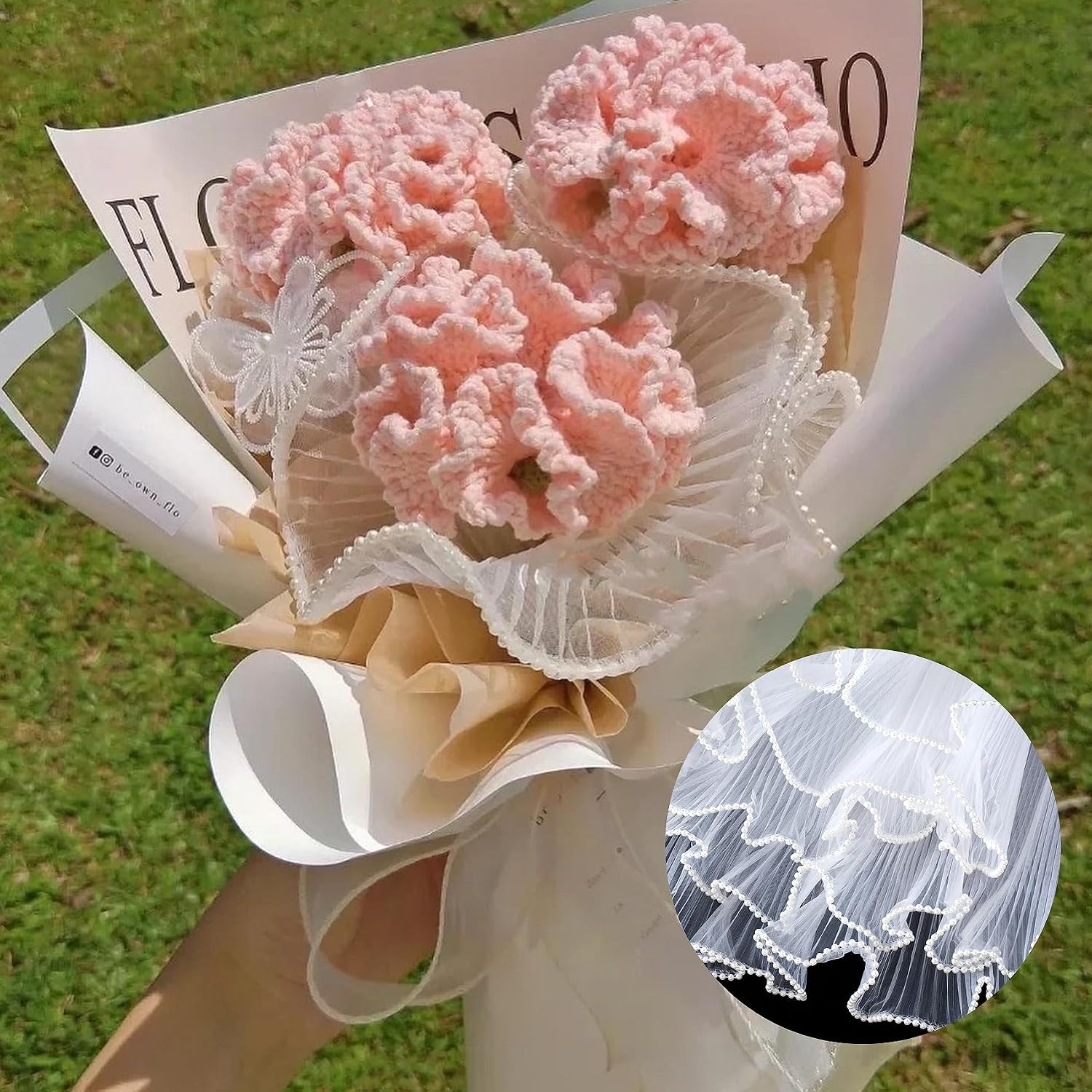 Joez Wonderful Bouquet Wrapping Paper with Pearl Florist 3pcs, 4 meters Long Mesh Flower Wrapping Paper White
