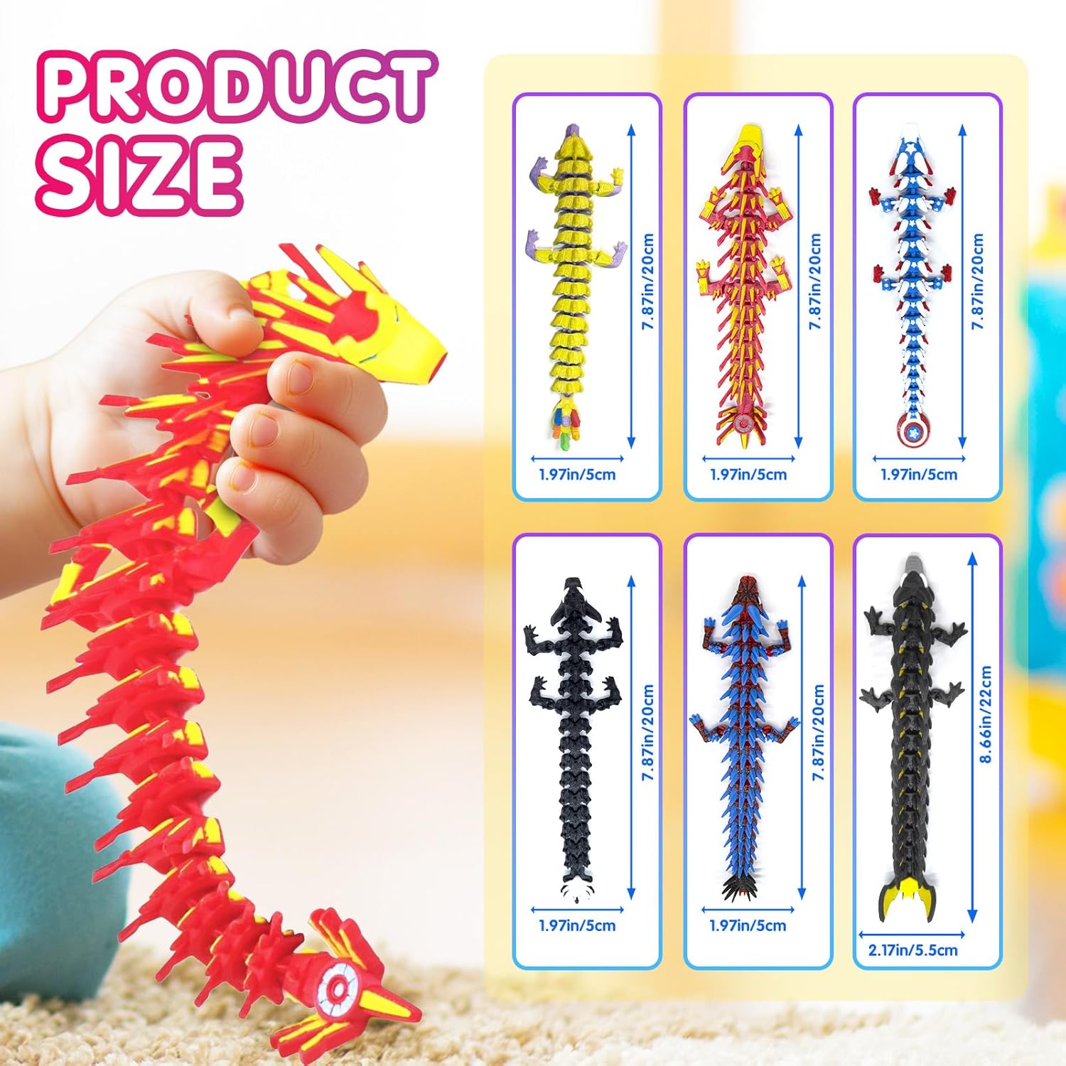 6Pcs 3D Printed Hero Dragon, Superhero Themed Dragons Flexible Articulated Toys, Super Theme Hero Birthday Party Supplies, Stress Relief Fidget Toys for Kids Party Favors Gifts