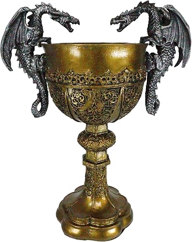 Ebros Gift Gran Rey Real Arturo Pendragon Doble Dragón Asas Santo Grial Cáliz Medieval 10.5" H Copa de Oro Merlín Lady Of The Lake Tales