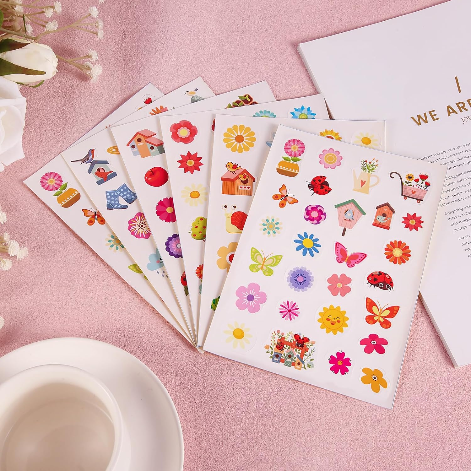 18 Sheets Spring Flowers Stickers, 6 Styles Cute Small Flower Stickers for Kids Prizes Garden Butterfly Stickers Decal Animal Nature Sticker Party Decorations for Water Bottle Laptop Crafts Envelopes