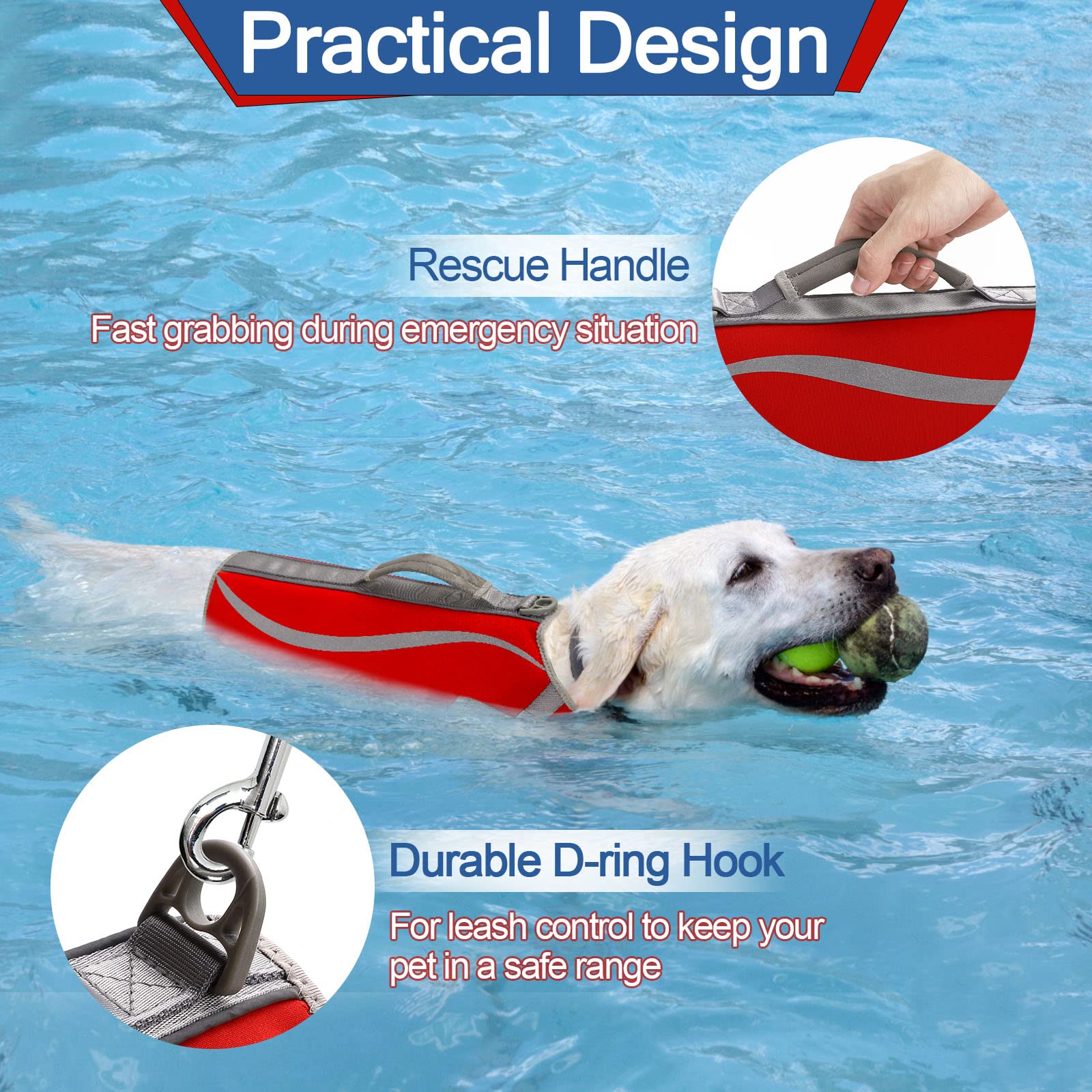 Chaleco Salvavidas para Perros, Chaleco de natación Ajustable para Perros Chaleco de flotación para Mascotas de Alta Visibilidad Chaleco Salvavidas para Perros Natación y canotaje (L, Rojo)