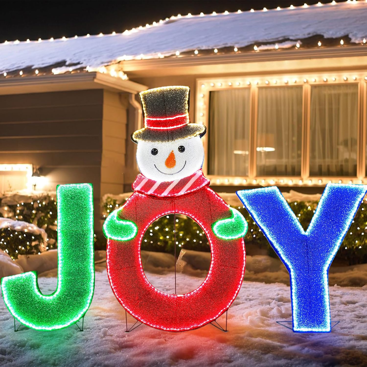 48'' Joy Snowman Lighted-Up Sign, Large Joy Christmas Yard Garden Decoration with SMD Lights for Winter Holiday Home Pathway Lawn Walkway Display Decor