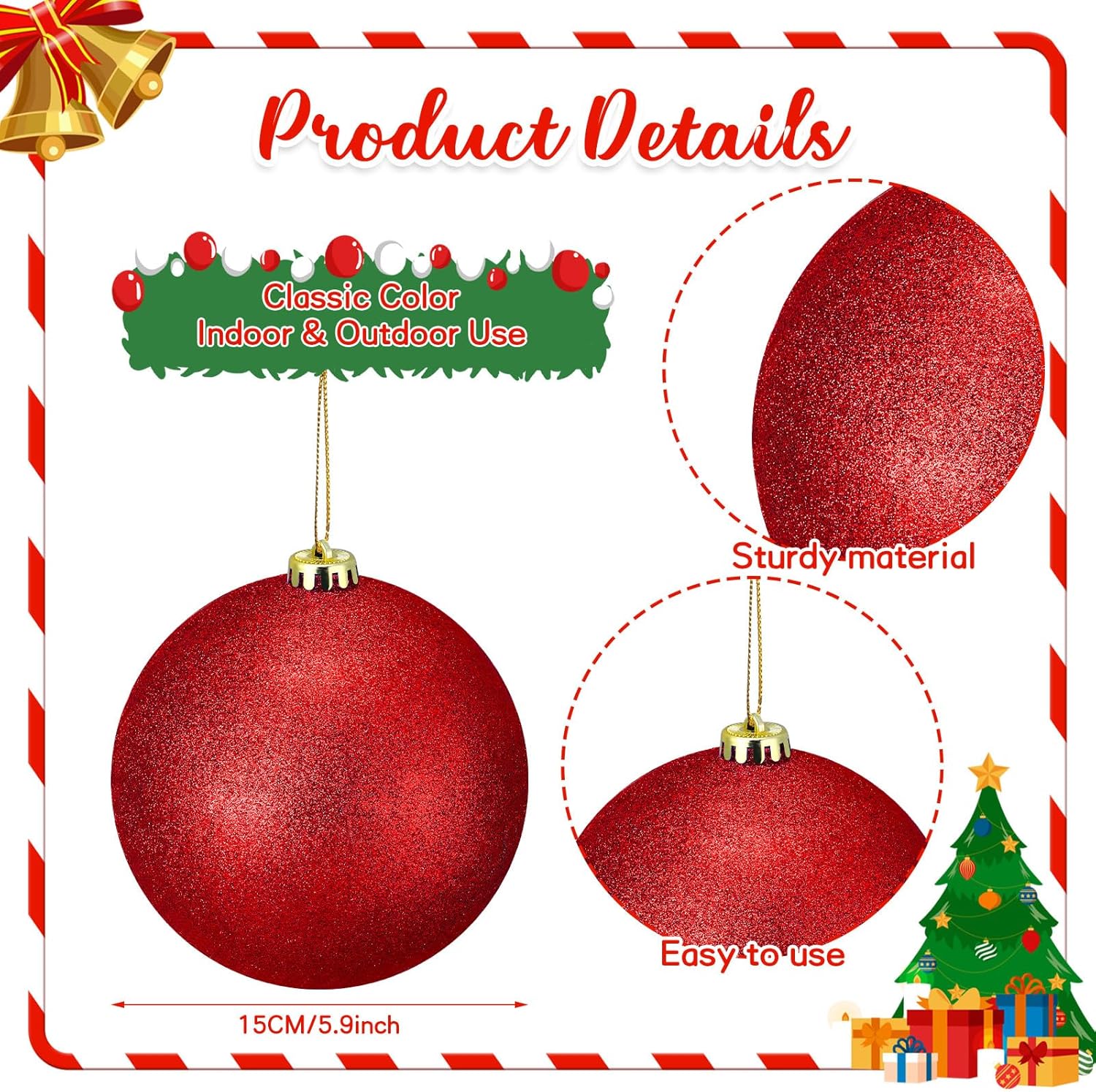 Liliful 4 Pcs Large Outdoor Christmas Ornaments Plastic Jumbo Fillable Balls Ornament Big Xmas Tree Hanging Decoration for Home Outside Holiday Lawn Yard Party (Glitter Red)