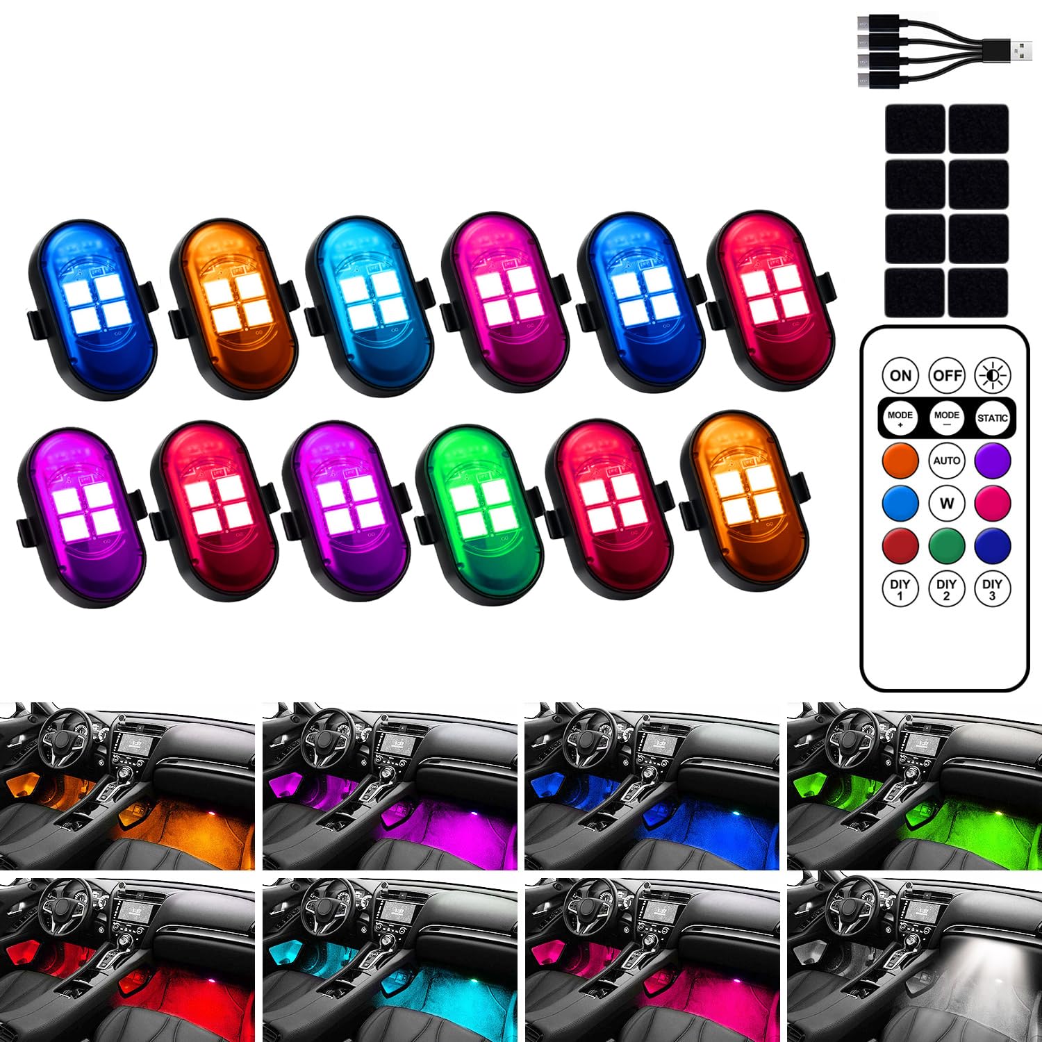 Upgraded Wireless LED Lights for Car, Rechargeable Interior Car Lights | with 8 Colors Brightness Adjustable, 12H Battery Life, Remote Control, Mini Strobe Lights for Vehicle Motorcycle Bike Decor