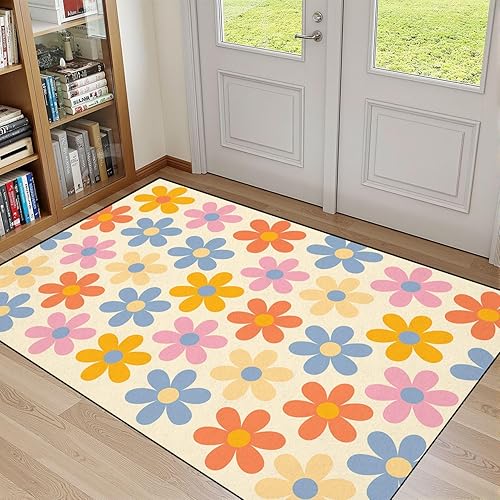 Miniatura 1 de 32"x 48" Area Rugs Washable Rug Entryway Rug Floral Pattern Style 70s Groovy Daisy Flowers Retro Floral Naive Bathroom Rugs Door Mat Welcome Mat