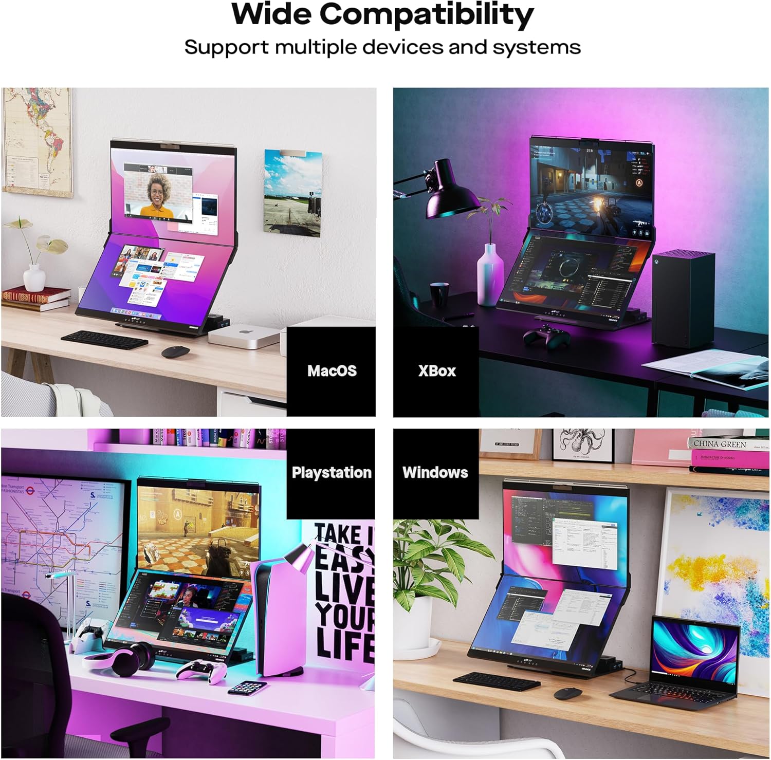 Geminos monitors connected to various devices and operating systems