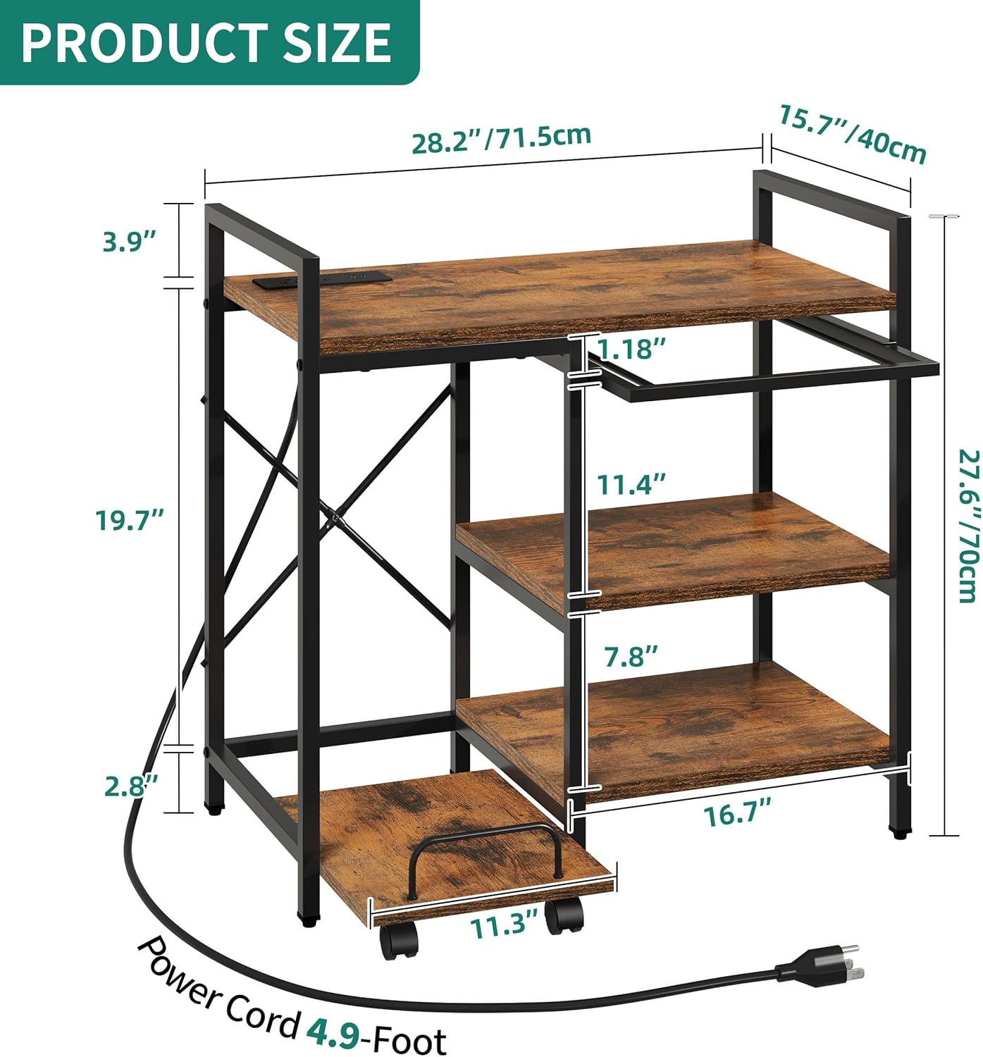 YITAHOME Printer Stand with Storage, 3 Tier Office Printer Desk Stand, Printer Stand for Home Office, File Cabinet with Charging Station, Brown