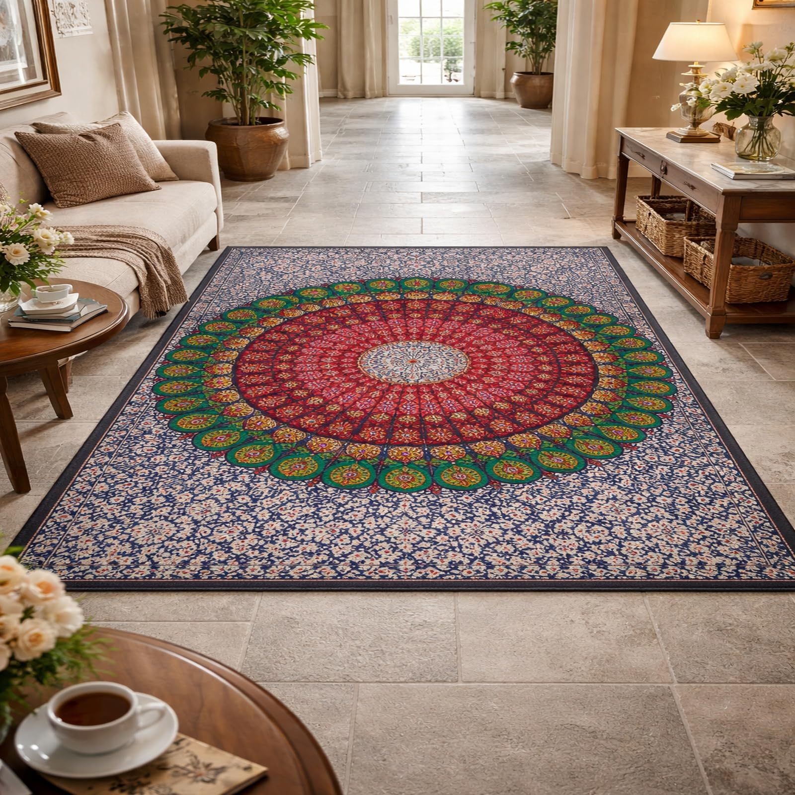 Tapis lavable et antidérapant géométrique bleu vert salon