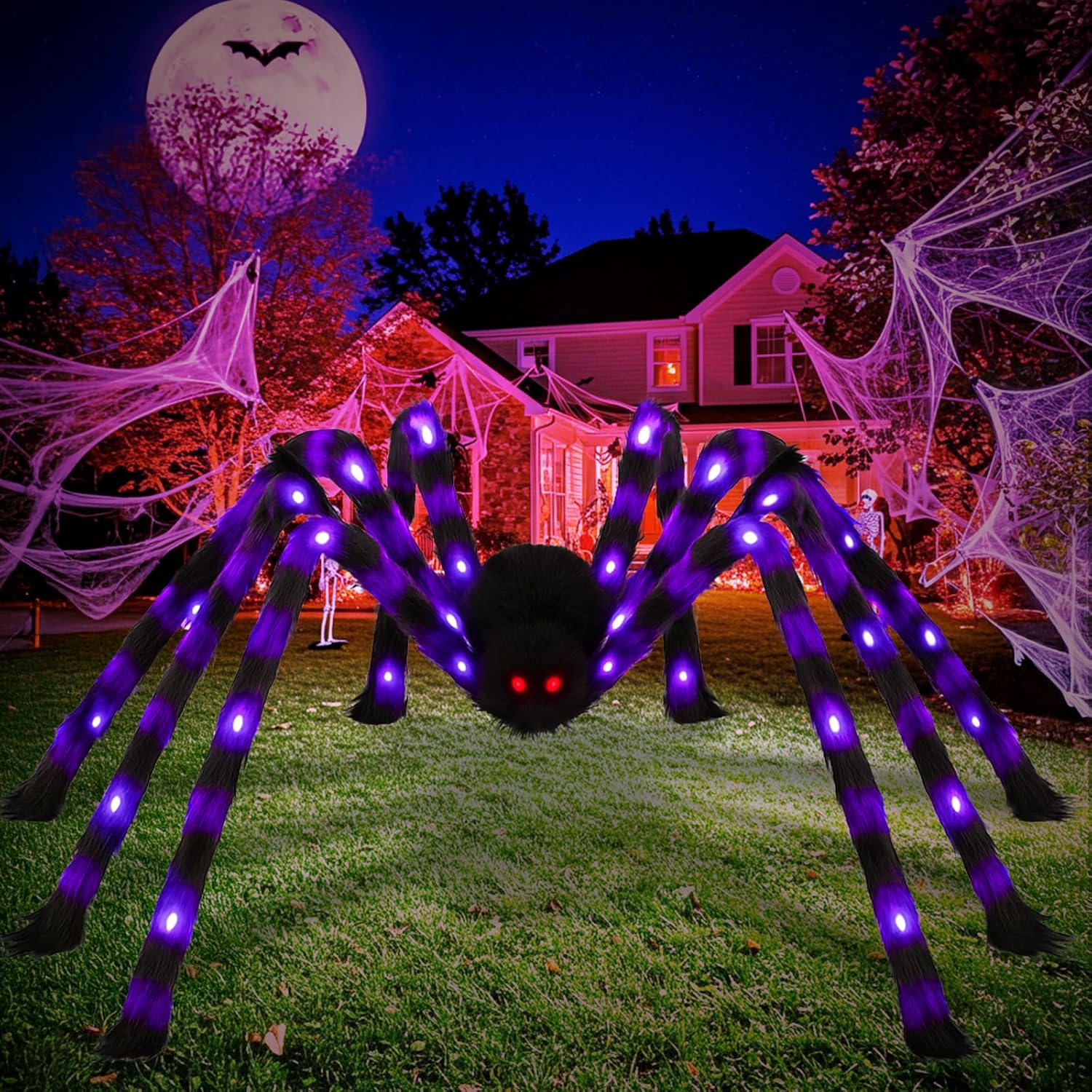 OurWarm 5 FT Giant Spider Halloween Decorations Outdoor, Scary Large Halloween Spider Decor with 30 LED Purple Lights, Light up Spider for Outside Indoor Party Haunted House Props Lawn Yard Decor