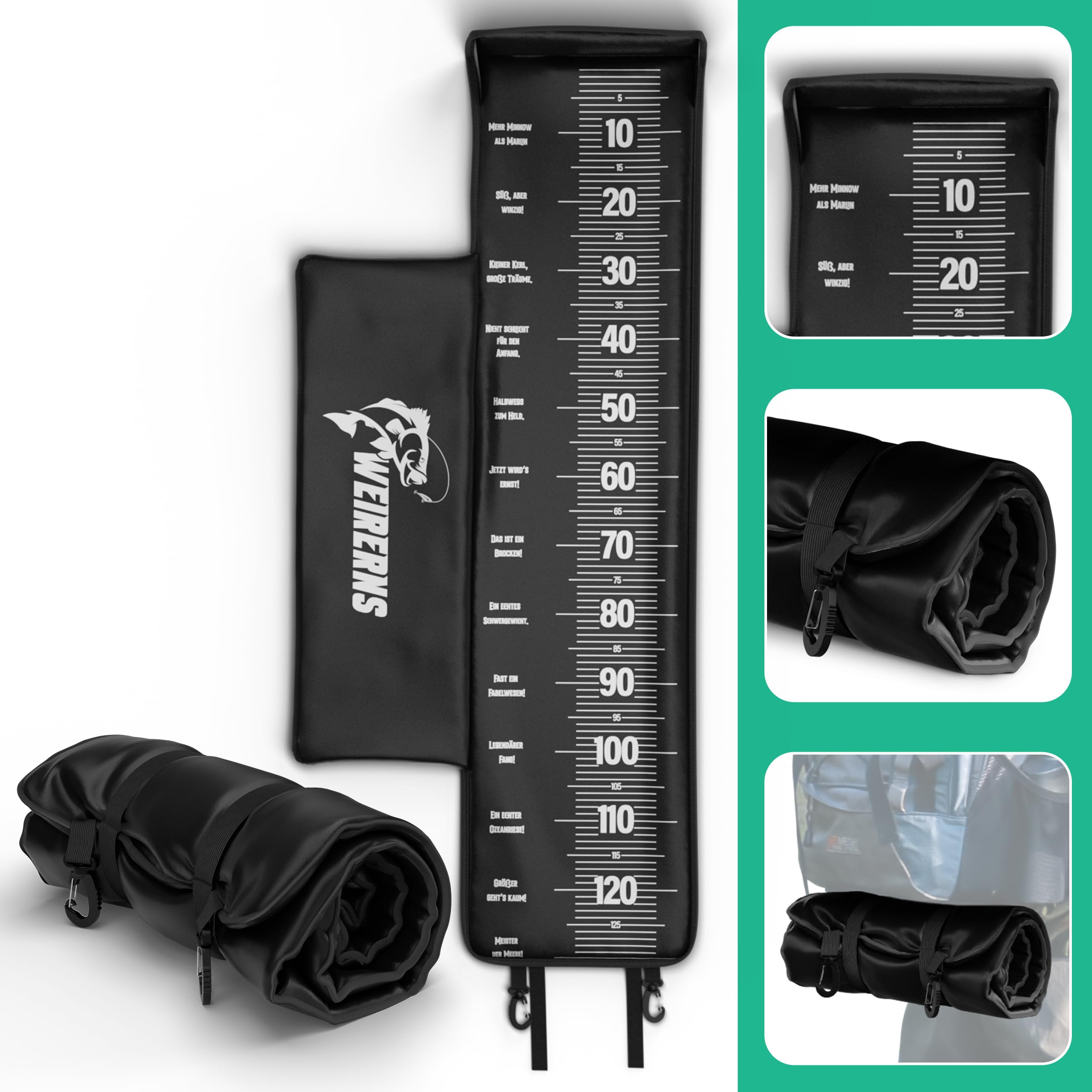 Premium Abhakmatte, Abhakmatte Angeln, Abhakmatte mit Maßband 130cm, mit humorvollen Sprüchen & ohne, leicht zusammenrollbar & Kantenschutz