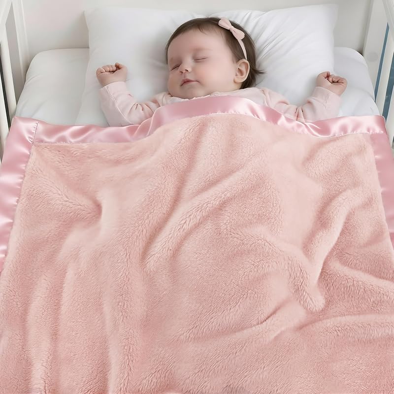 Mantas de bebé para niñas con ribete de satén de 2.0 in, manta de felpa súper suave para recién nacidos, manta de forro polar acogedora de 30.0 x 39.8 in para cuna y cochecito (rosa)