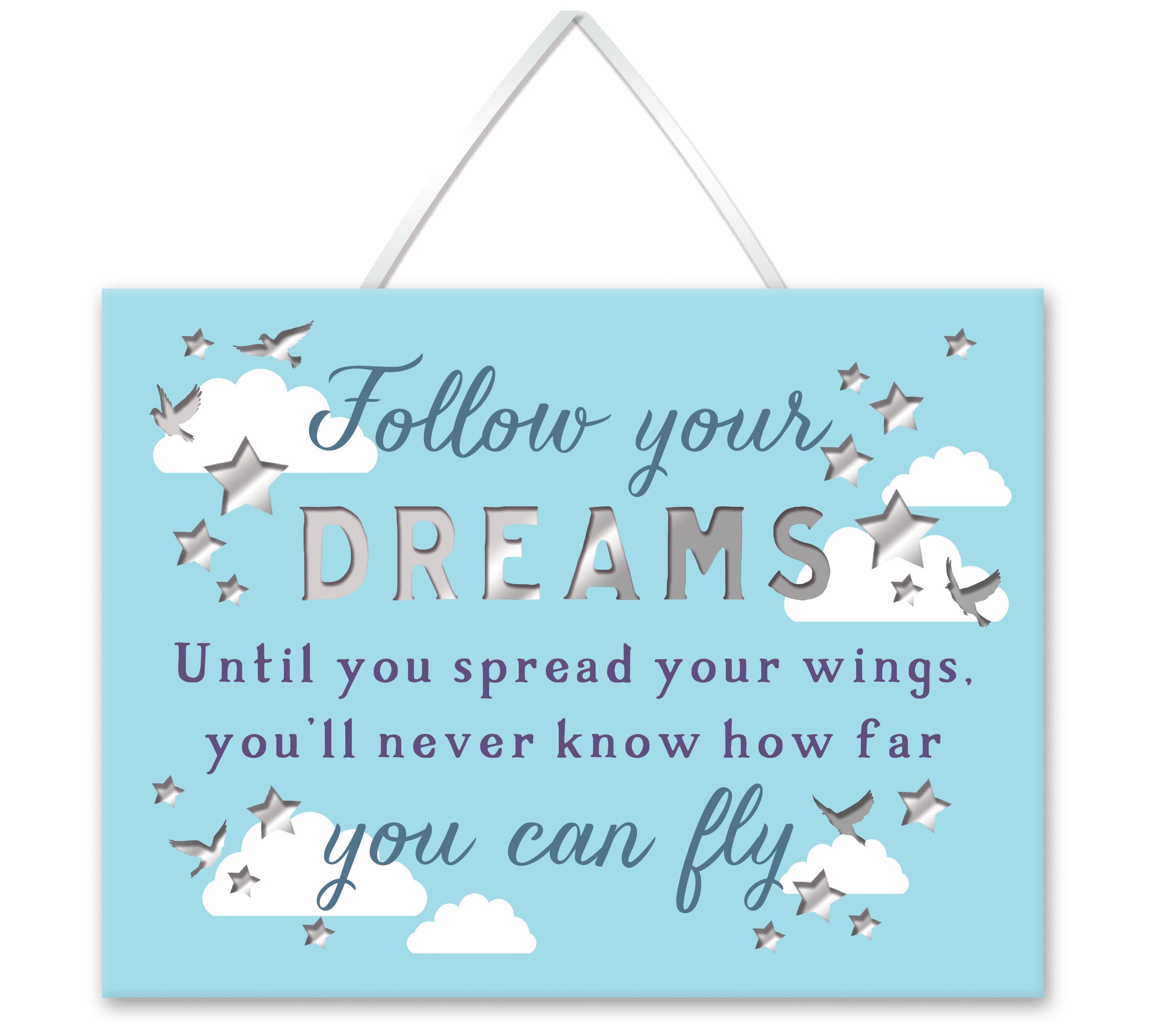 WPL Follow Your Dreams Wooden Mirror Hanging Plaque, Decorative Wall Mirror, 12.192 cm x 9.398 cm