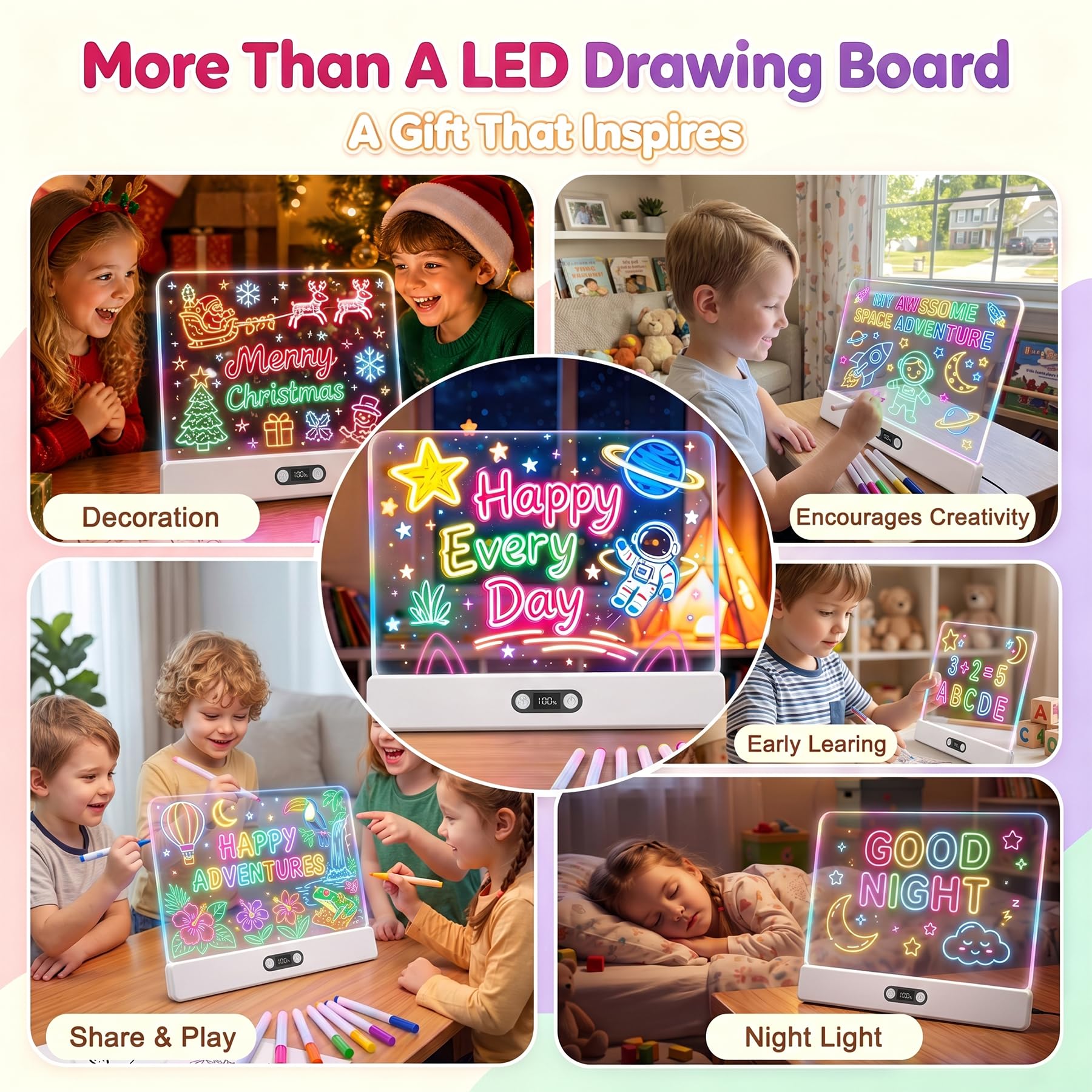 seenlast Lavagna LED luminosa portatile per bambini, tavoletta da disegno con 8 colori e 3 modalità di illuminazione, giocattolo creativo per ragazze e ragazzi di 4-8 anni, regalo originale