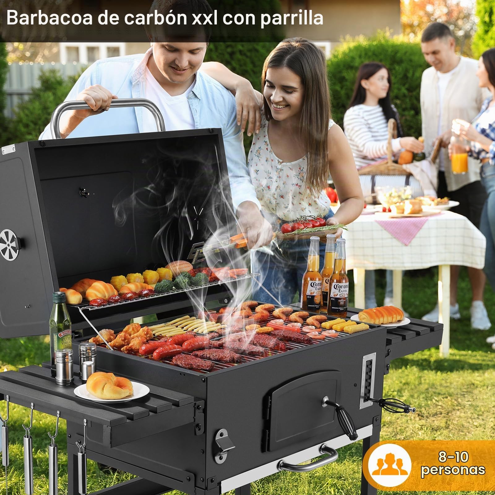 LIFERUN Parrilla Barbacoa Carbon con Tapa, XXL BBQ Smoker, Parrilla con Carrito, con 2PCS Ruedas, Termómetro, Barbacoa de Carbon para Camping y Jardín, 138x155x61 cm