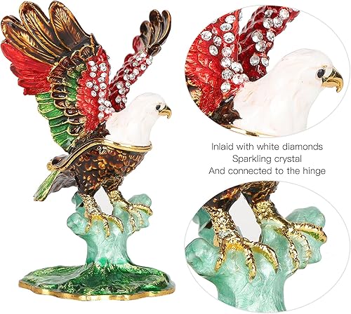 Vista 5 de Cyrank Caja de baratijas con diseño de águila esmaltada, con bisagras, pequeña caja de joyería decorativa con diamantes de imitación, delicado