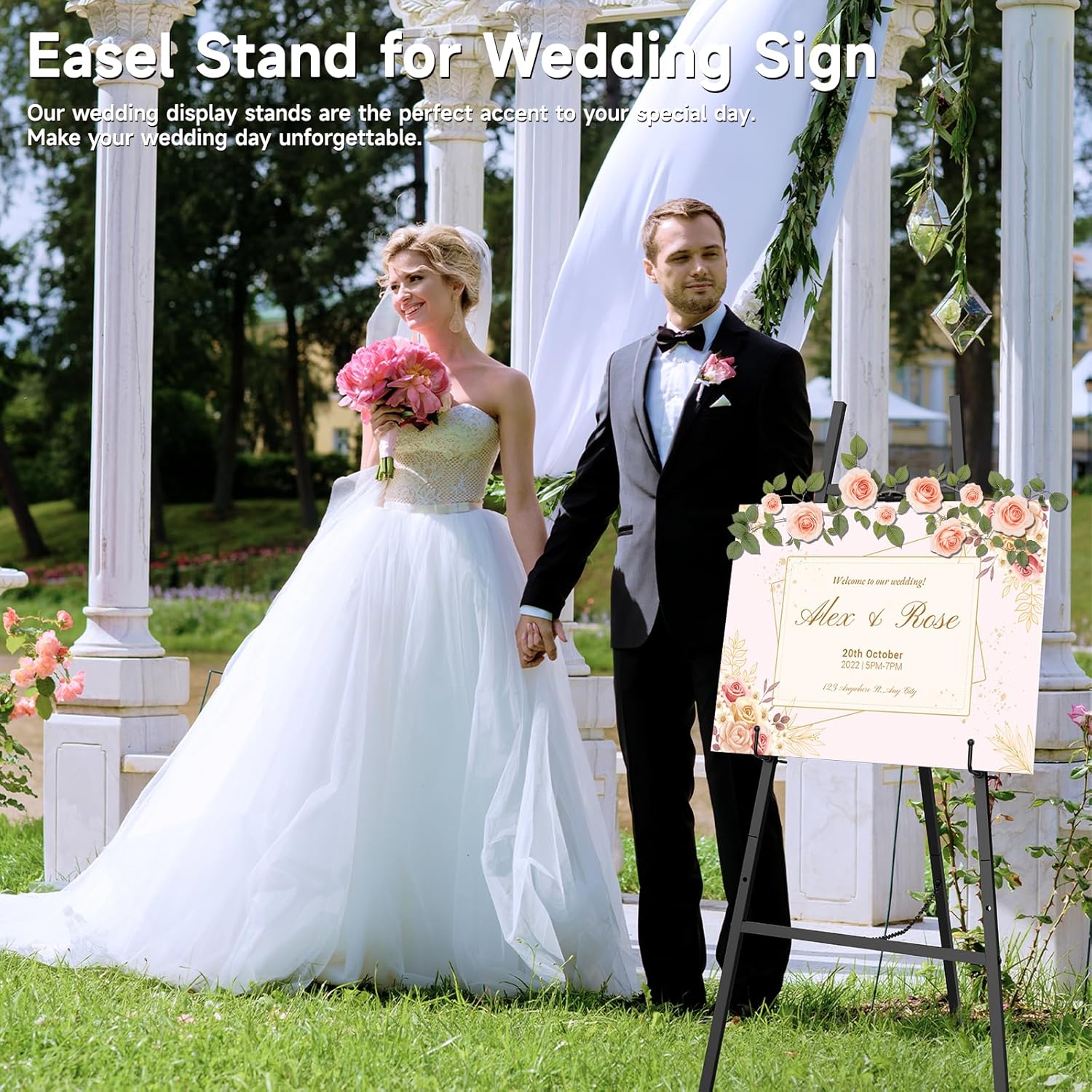 Black Easel Stand for Signs, 4-Tier Height Metal Standing Easel with Adjustable Chain, Heavy Duty Art Easel for Painting, Wedding Sign, Party, Posters & Commercial Display