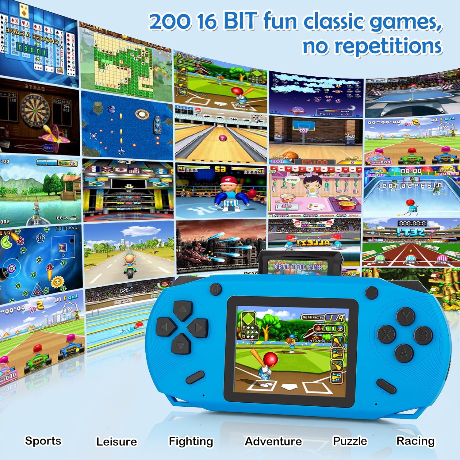 16 Bit Handheld Game for Kids, 3.0'' Large Screen Retro Gaming Player, Preloaded 200 HD Retro Kids Games with 2 Cartridges for Birthday Gift, Video Games for Boys & Girls Aged 4-12(Blue) - Image 2
