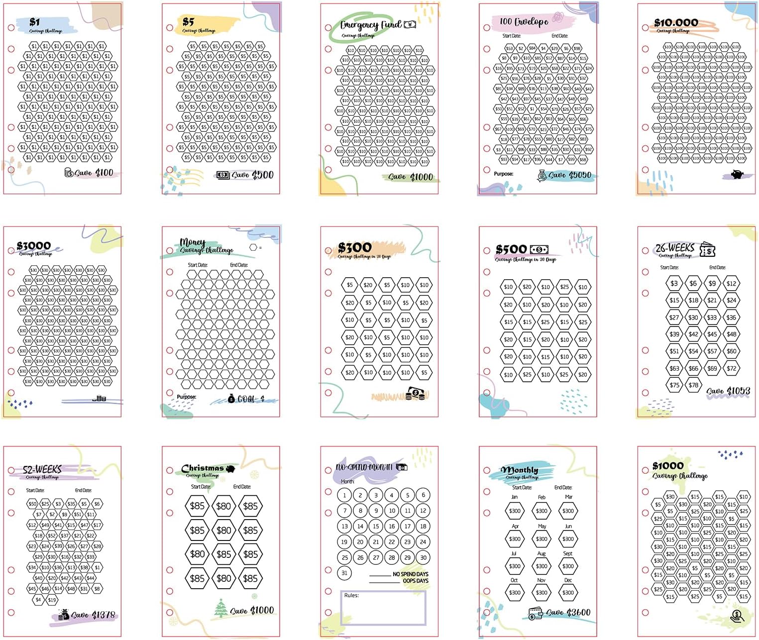 Laminated Money Savings Challenge Trackers for 6-Ring A6 Binders,Reusable cash Savings Tracker sheets,multiple budget cards for savings journey planner(15pcs)